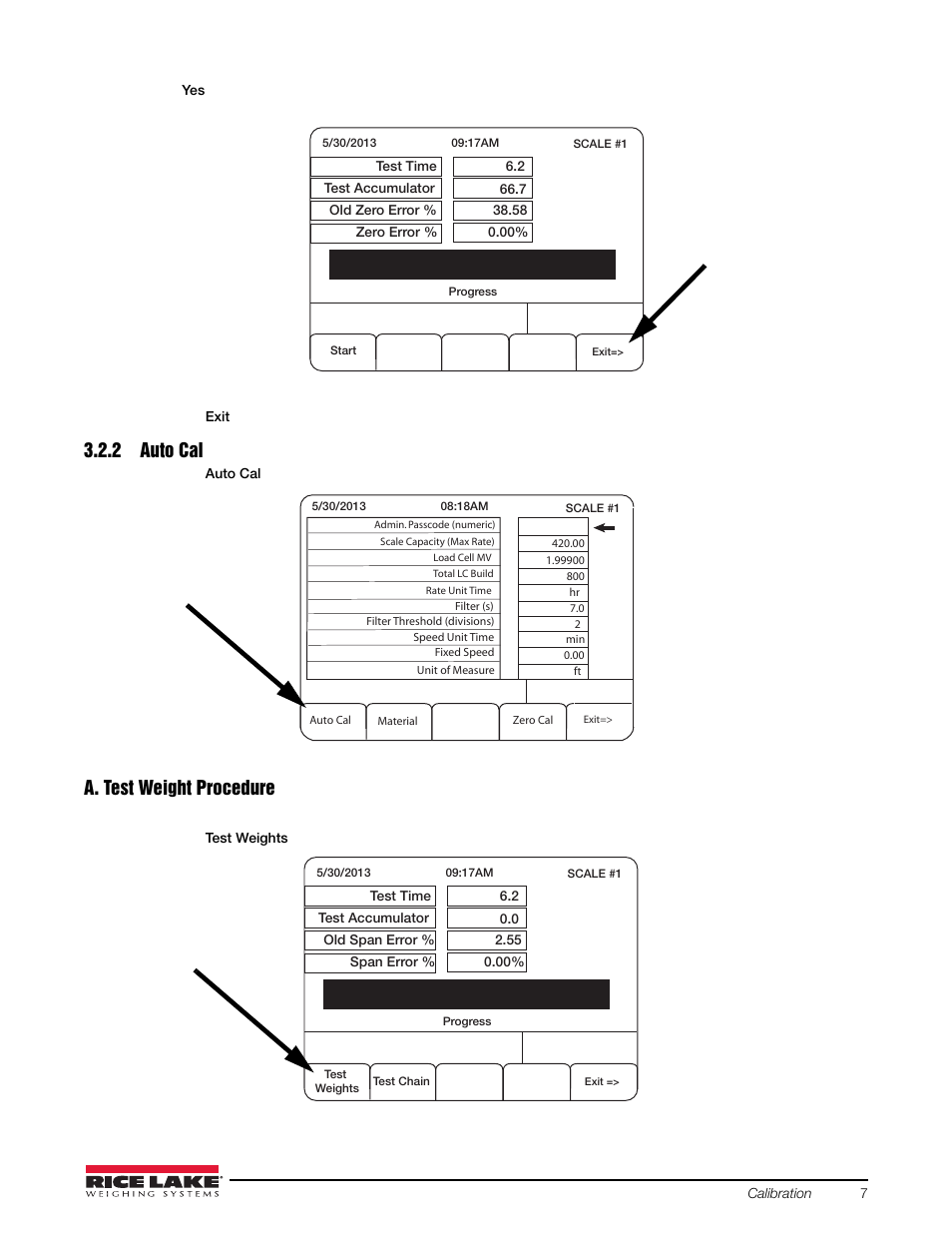 Auto cal, 2 auto cal, A. test weight procedure | Press, Press the, Softkey to move on to auto cal, Softkey | Rice Lake BCi Belt Scale - Calibration Guide User Manual | Page 11 / 16