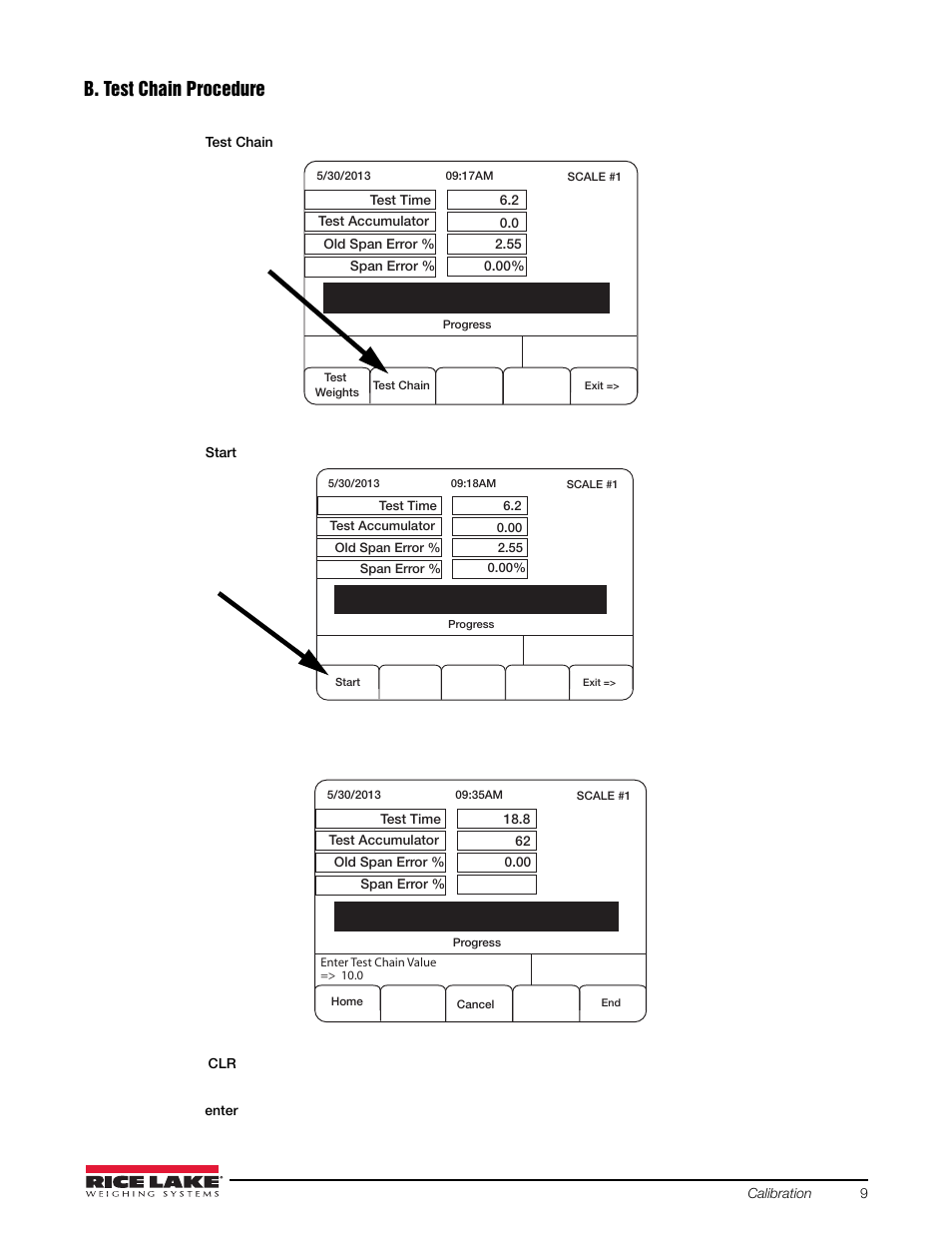 B. test chain procedure, Softkey, Press the | Rice Lake BCi Belt Scale - Calibration Guide User Manual | Page 13 / 16