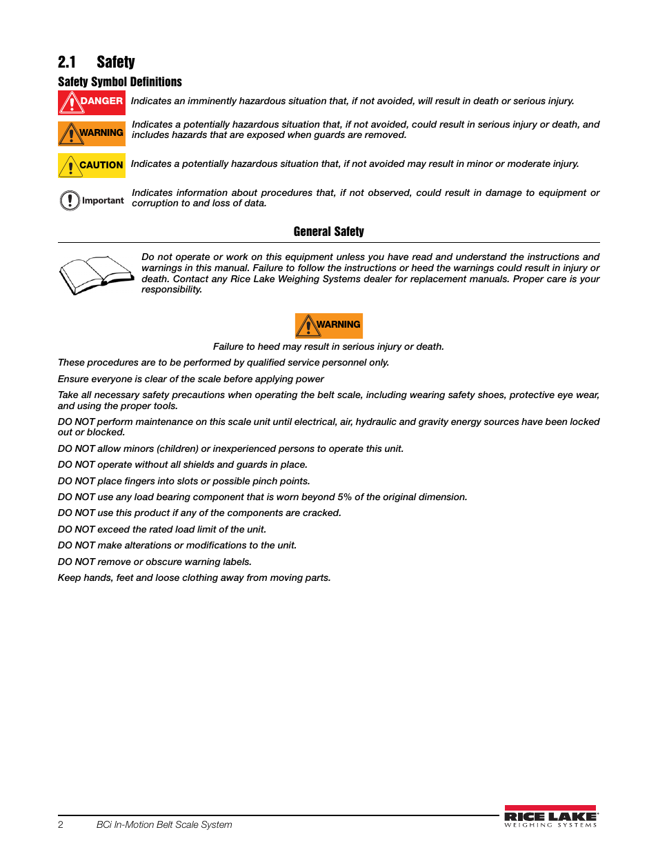 1 safety | Rice Lake BCi Belt Scale - Calibration Guide User Manual | Page 6 / 16