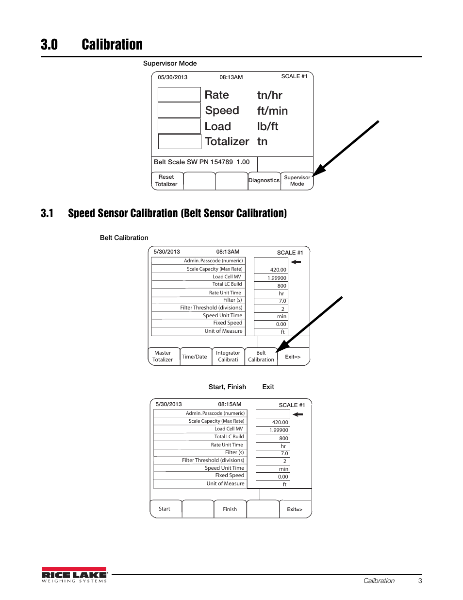 0 calibration, Calibration, Rate speed totalizer load tn/hr ft/min lb/ft tn | Softkey, Softkey from the supervisor’s menu, The integrator will change the softkeys to | Rice Lake BCi Belt Scale - Calibration Guide User Manual | Page 7 / 16