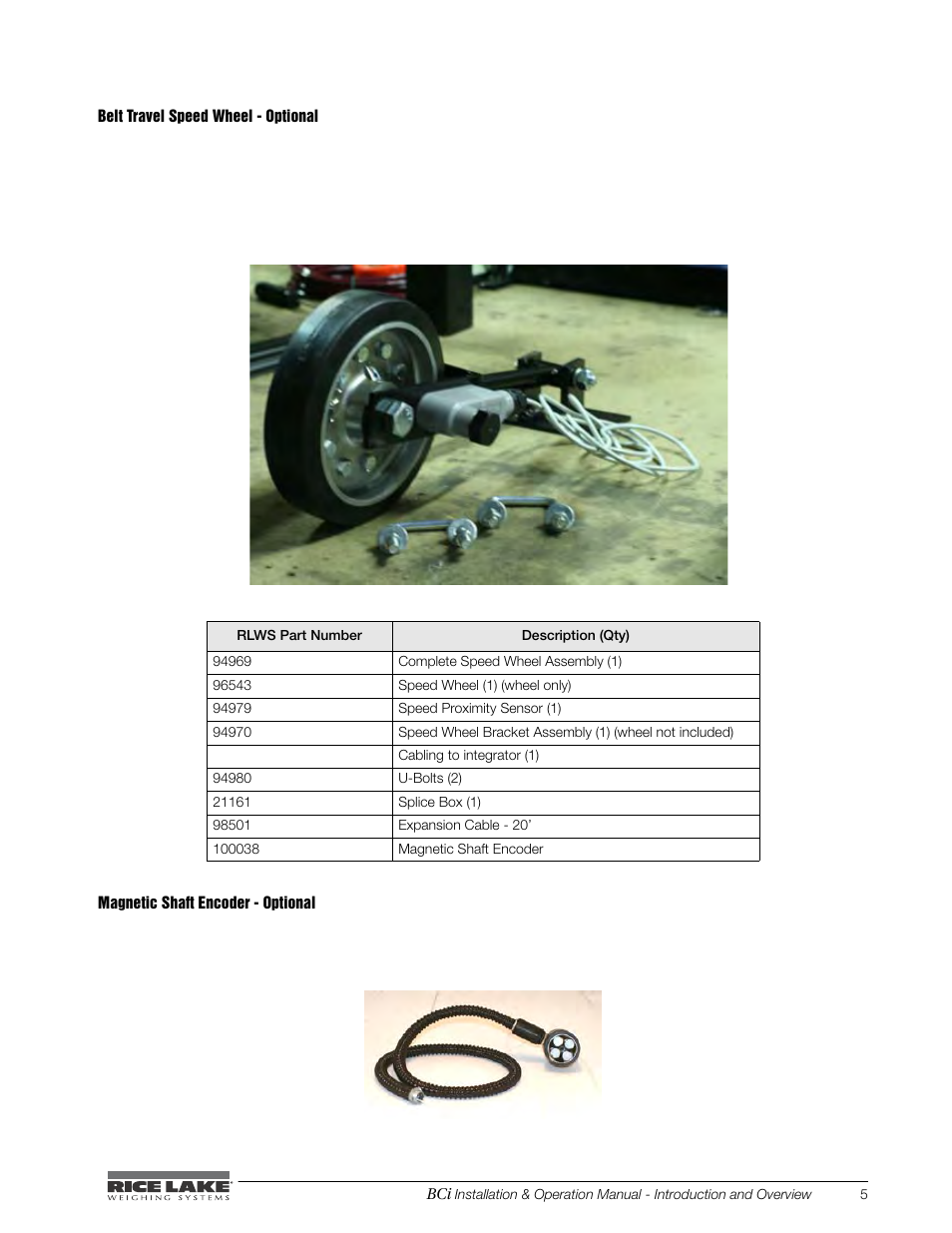 Belt travel speed wheel - optional, Magnetic shaft encoder - optional | Rice Lake BCi Belt Scale - Installation & Operation Manual Version 2.00 User Manual | Page 11 / 74