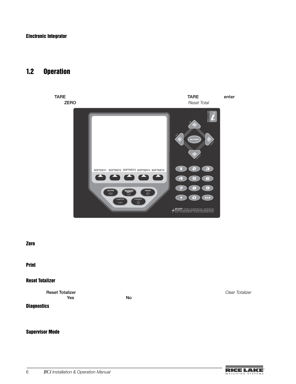 Electronic integrator, 2 operation, Zero | Print, Reset totalizer, Diagnostics, Supervisor mode | Rice Lake BCi Belt Scale - Installation & Operation Manual Version 2.00 User Manual | Page 12 / 74