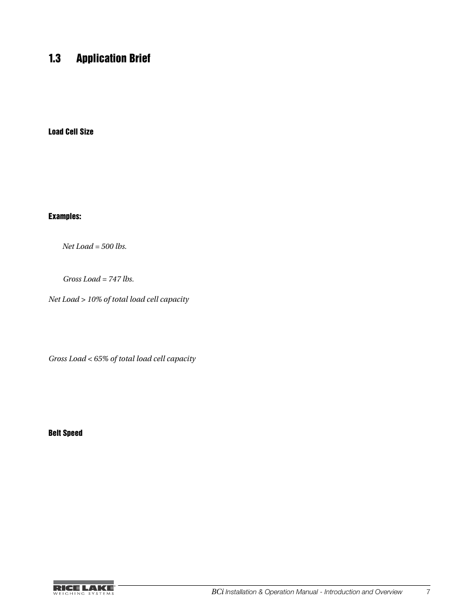 3 application brief, Load cell size, Belt speed | Rice Lake BCi Belt Scale - Installation & Operation Manual Version 2.00 User Manual | Page 13 / 74