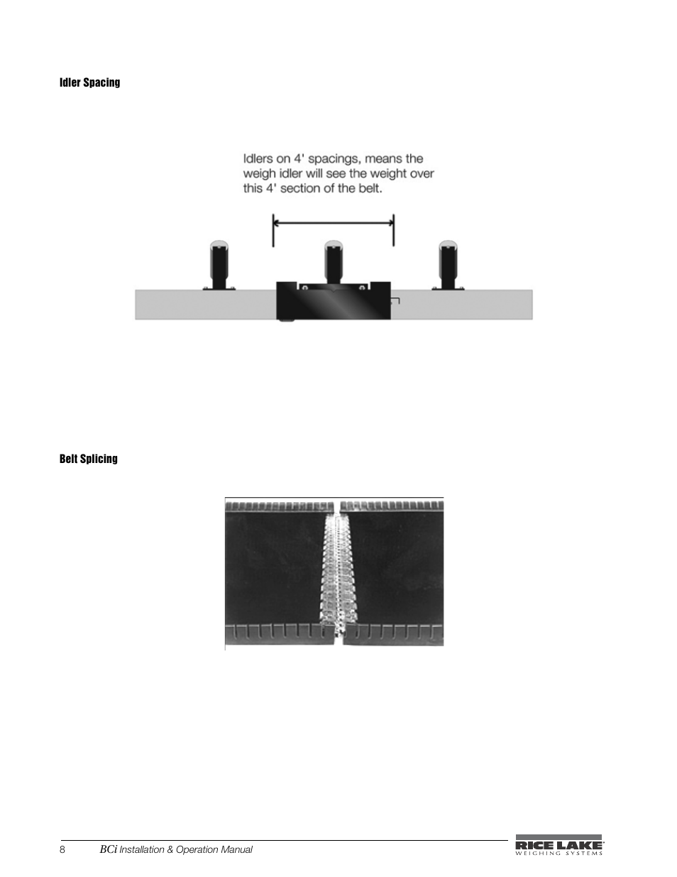 Idler spacing, Belt splicing | Rice Lake BCi Belt Scale - Installation & Operation Manual Version 2.00 User Manual | Page 14 / 74