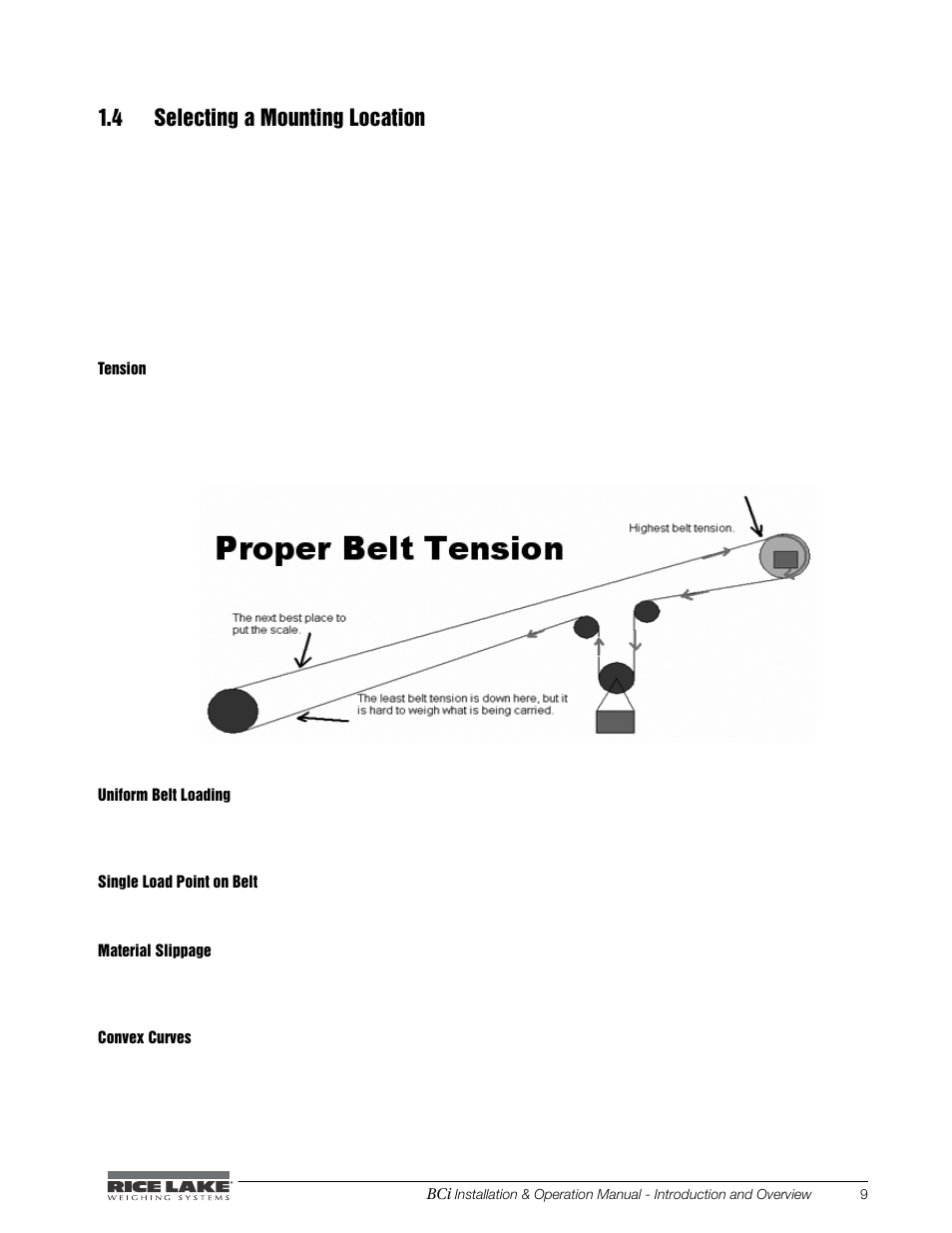 4 selecting a mounting location, Tension, Uniform belt loading | Single load point on belt, Convex curves | Rice Lake BCi Belt Scale - Installation & Operation Manual Version 2.00 User Manual | Page 15 / 74