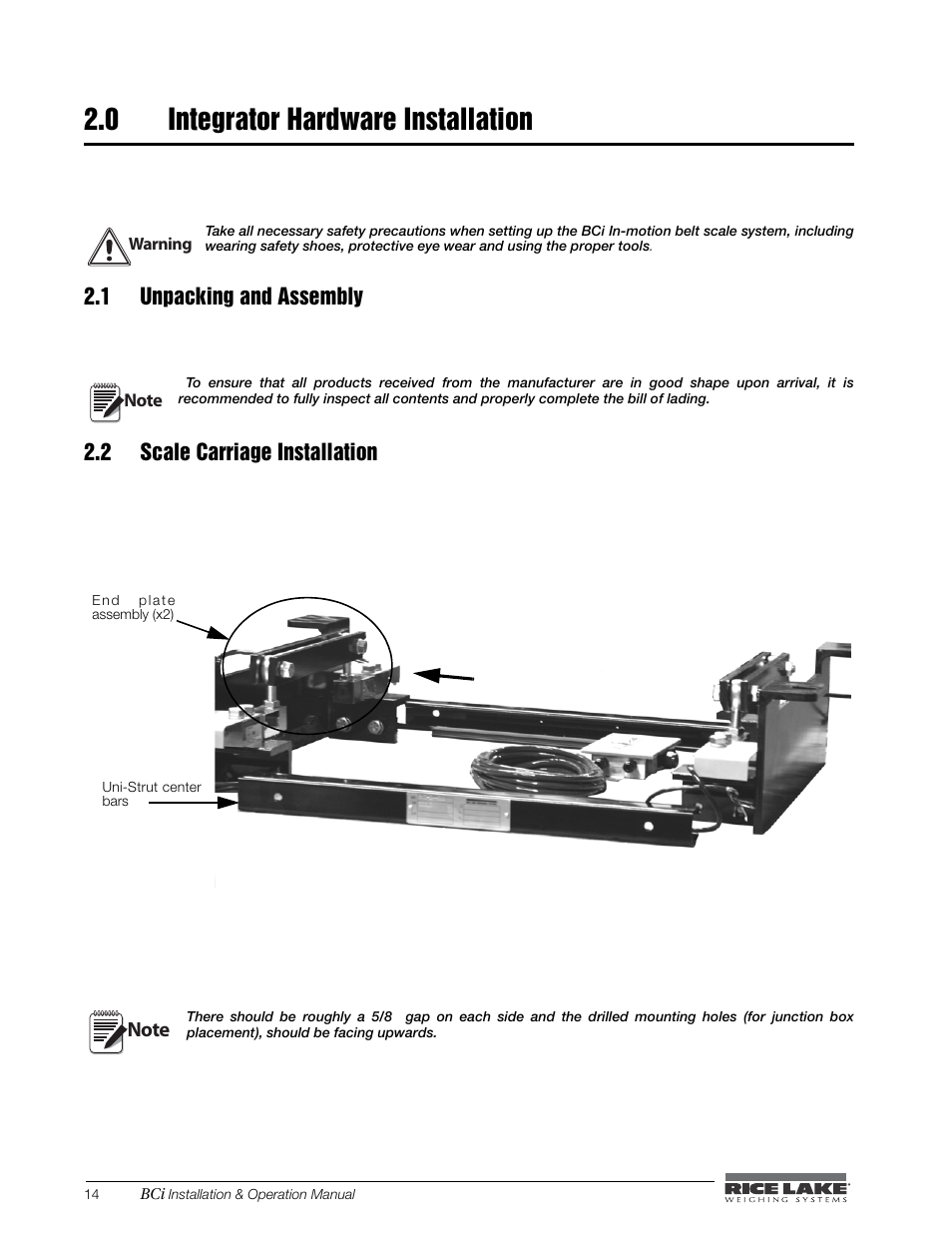 0 integrator hardware installation, 1 unpacking and assembly, 2 scale carriage installation | Integrator hardware installation | Rice Lake BCi Belt Scale - Installation & Operation Manual Version 2.00 User Manual | Page 20 / 74