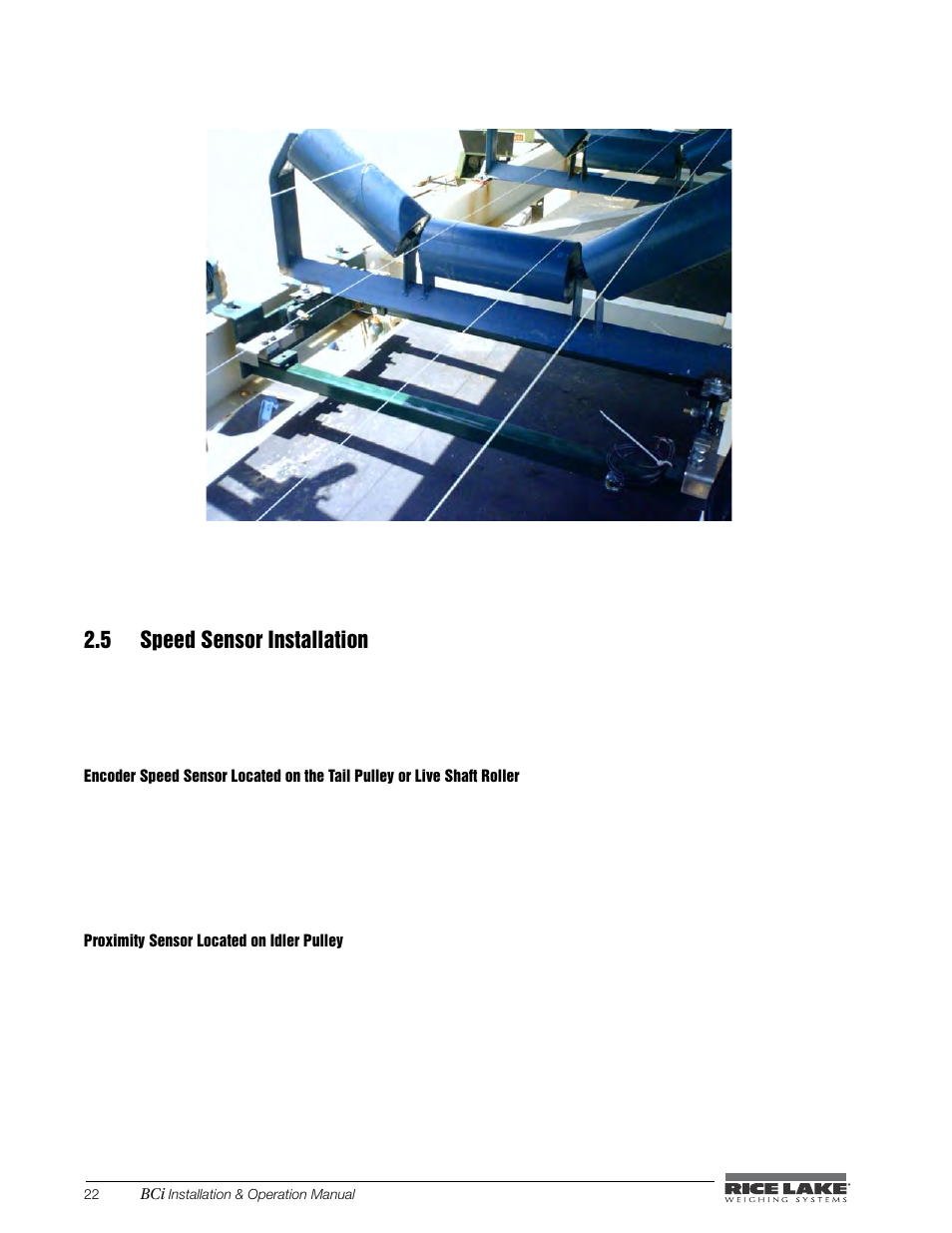 5 speed sensor installation, Proximity sensor located on idler pulley | Rice Lake BCi Belt Scale - Installation & Operation Manual Version 2.00 User Manual | Page 28 / 74