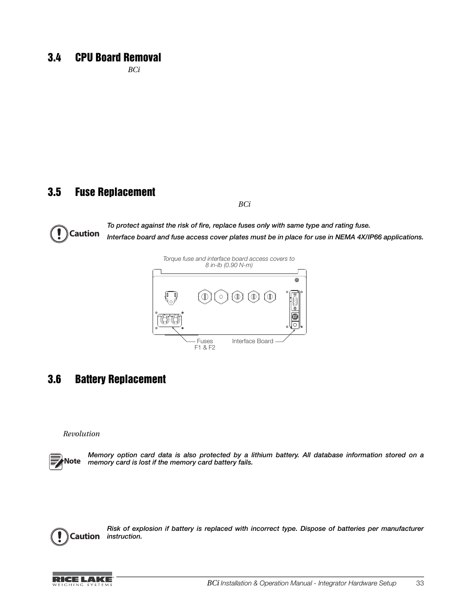 4 cpu board removal, 5 fuse replacement, 6 battery replacement | Rice Lake BCi Belt Scale - Installation & Operation Manual Version 2.00 User Manual | Page 39 / 74