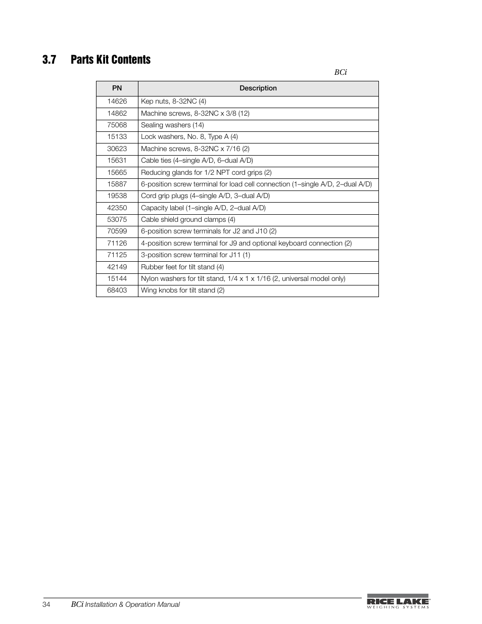 7 parts kit contents | Rice Lake BCi Belt Scale - Installation & Operation Manual Version 2.00 User Manual | Page 40 / 74