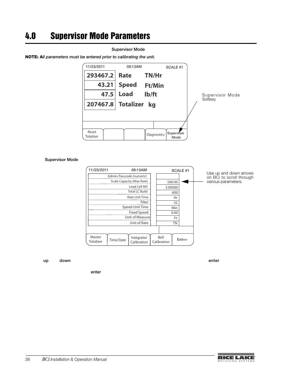 0 supervisor mode parameters, Supervisor mode parameters, Rate | Rice Lake BCi Belt Scale - Installation & Operation Manual Version 2.00 User Manual | Page 44 / 74