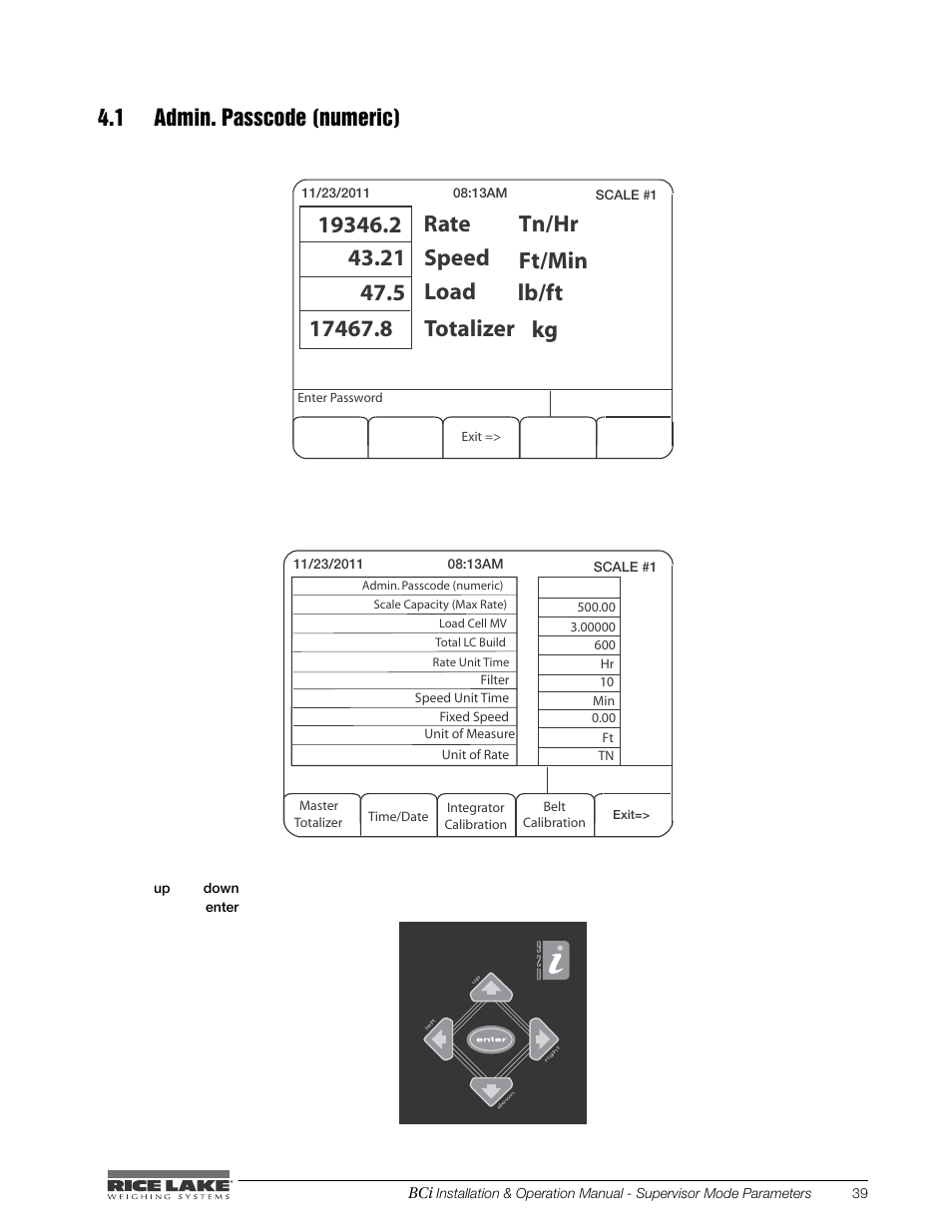 1 admin. passcode (numeric), Rate | Rice Lake BCi Belt Scale - Installation & Operation Manual Version 2.00 User Manual | Page 45 / 74