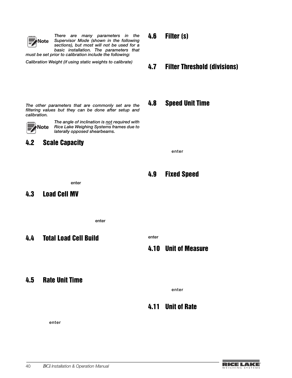 2 scale capacity, 3 load cell mv, 4 total load cell build | 5 rate unit time, 6 filter (s), 7 filter threshold (divisions), 8 speed unit time, 9 fixed speed, 10 unit of measure, 11 unit of rate | Rice Lake BCi Belt Scale - Installation & Operation Manual Version 2.00 User Manual | Page 46 / 74