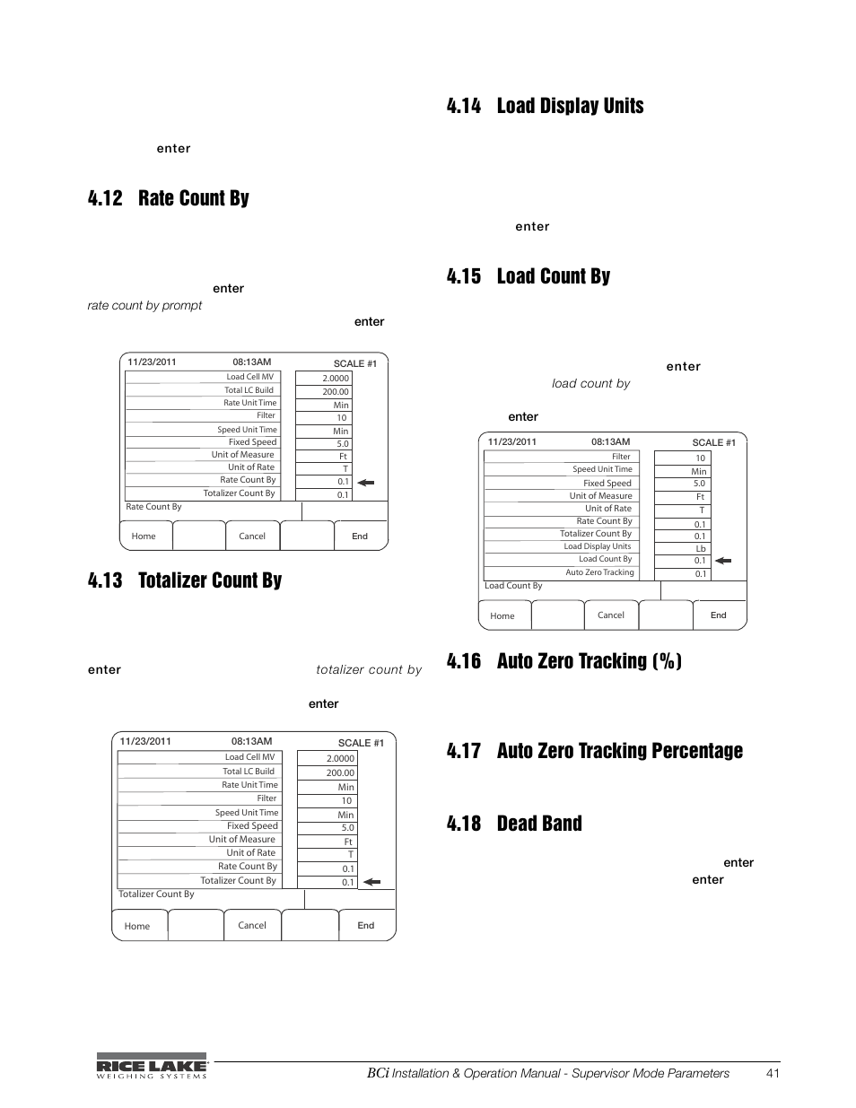 12 rate count by, 13 totalizer count by, 14 load display units | 15 load count by, 16 auto zero tracking (%), 17 auto zero tracking percentage, 18 dead band, T (metric tons) • lt (long ton) press the, Key on the integrator and a, Again to save that value | Rice Lake BCi Belt Scale - Installation & Operation Manual Version 2.00 User Manual | Page 47 / 74