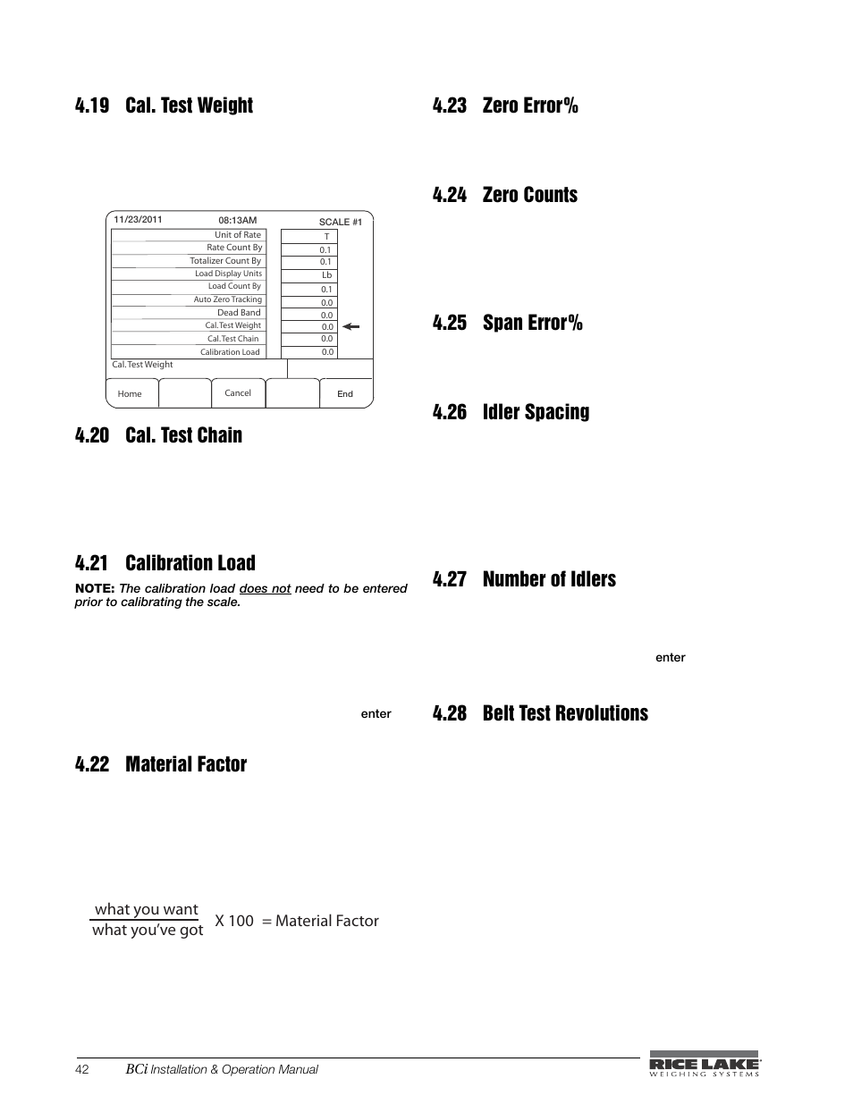 19 cal. test weight, 20 cal. test chain, 21 calibration load | 22 material factor, 23 zero error, 24 zero counts, 25 span error, 26 idler spacing, 27 number of idlers, 28 belt test revolutions | Rice Lake BCi Belt Scale - Installation & Operation Manual Version 2.00 User Manual | Page 48 / 74