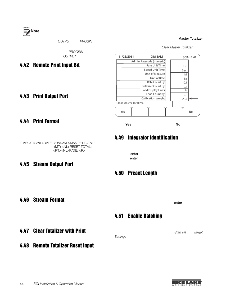 42 remote print input bit, 43 print output port, 44 print format | 45 stream output port, 46 stream format, 47 clear totalizer with print, 48 remote totalizer reset input, 49 integrator identification, 50 preact length, 51 enable batching | Rice Lake BCi Belt Scale - Installation & Operation Manual Version 2.00 User Manual | Page 50 / 74