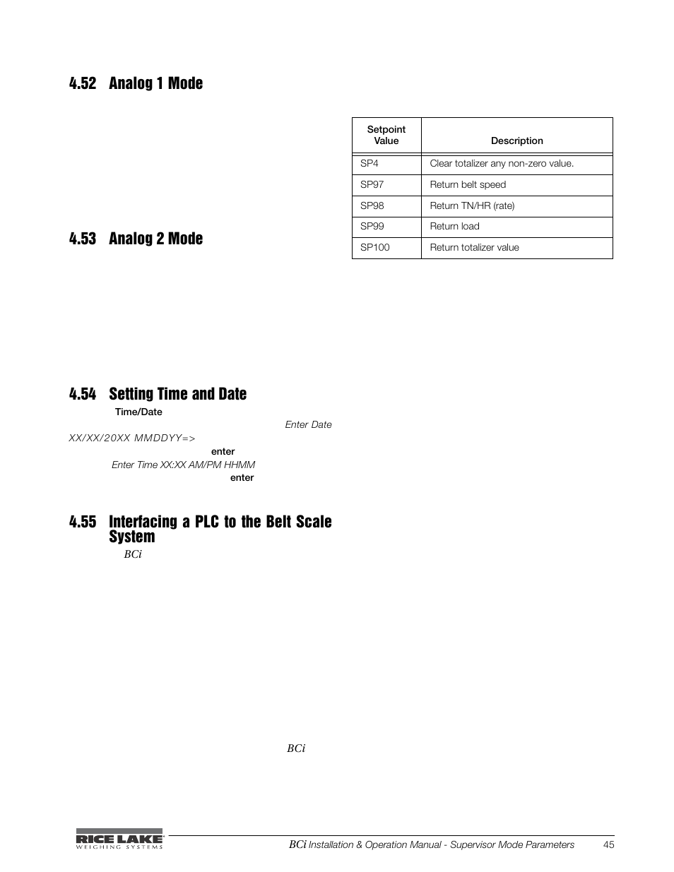 52 analog 1 mode, 53 analog 2 mode, 54 setting time and date | 55 interfacing a plc to the belt scale system | Rice Lake BCi Belt Scale - Installation & Operation Manual Version 2.00 User Manual | Page 51 / 74