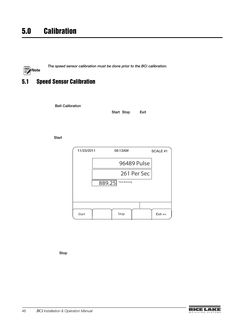 0 calibration, 1 speed sensor calibration, Calibration | Rice Lake BCi Belt Scale - Installation & Operation Manual Version 2.00 User Manual | Page 52 / 74