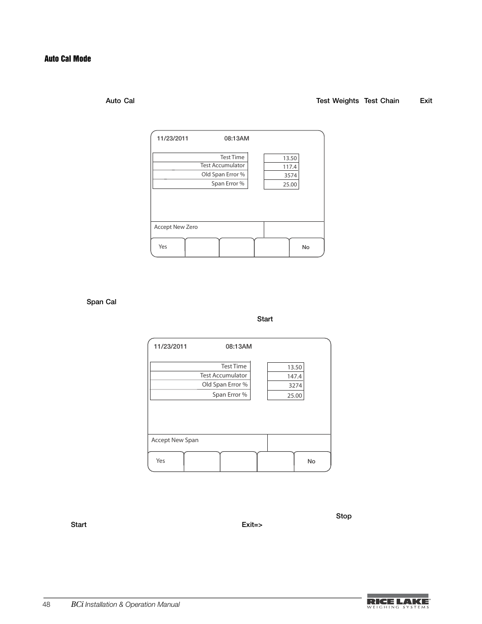 Auto cal mode | Rice Lake BCi Belt Scale - Installation & Operation Manual Version 2.00 User Manual | Page 54 / 74