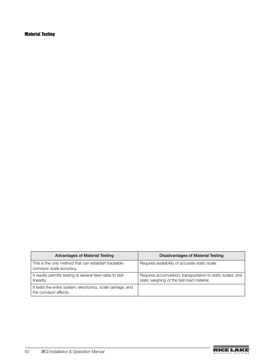 Material testing | Rice Lake BCi Belt Scale - Installation & Operation Manual Version 2.00 User Manual | Page 56 / 74