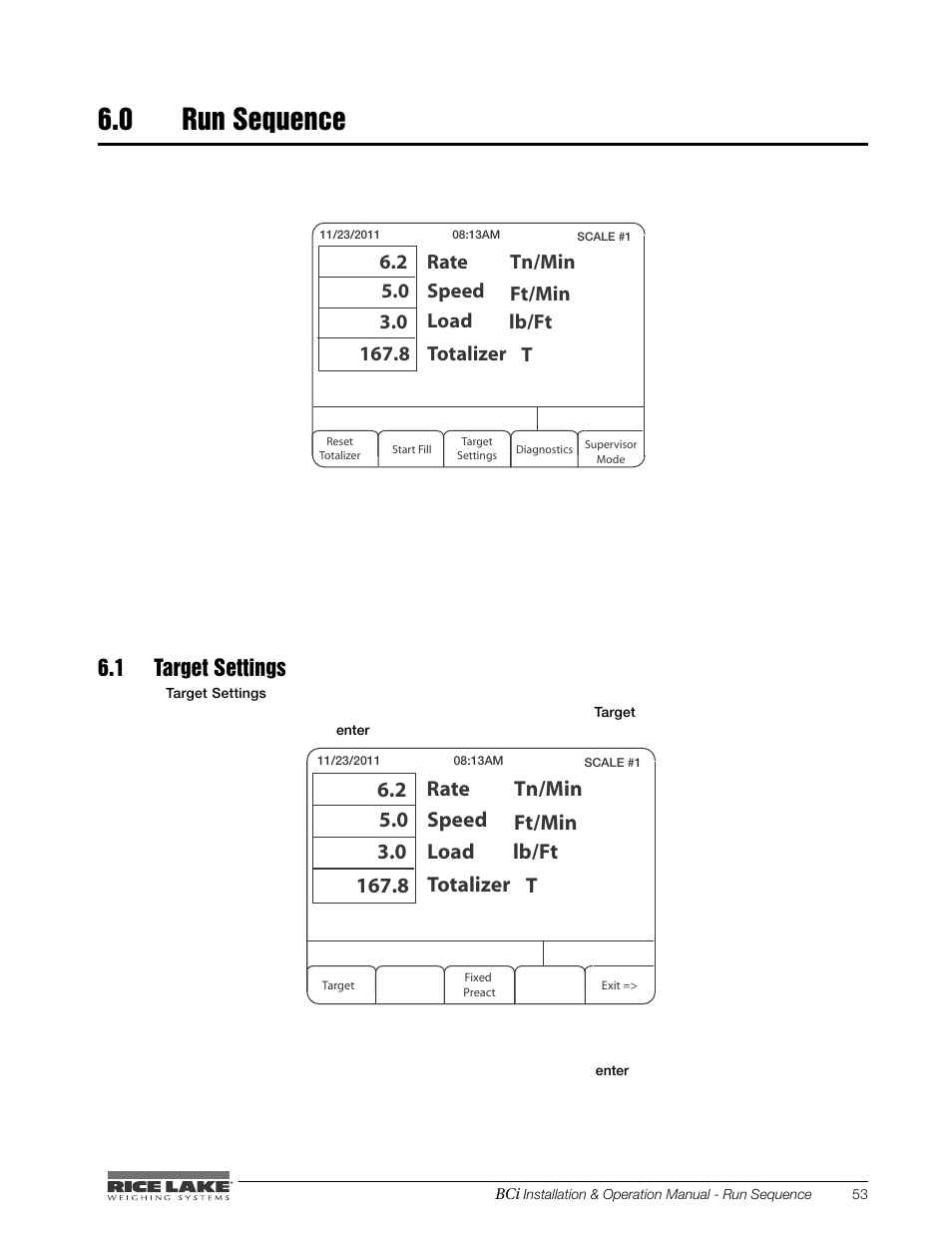 0 run sequence, 1 target settings, Run sequence | Rate | Rice Lake BCi Belt Scale - Installation & Operation Manual Version 2.00 User Manual | Page 59 / 74