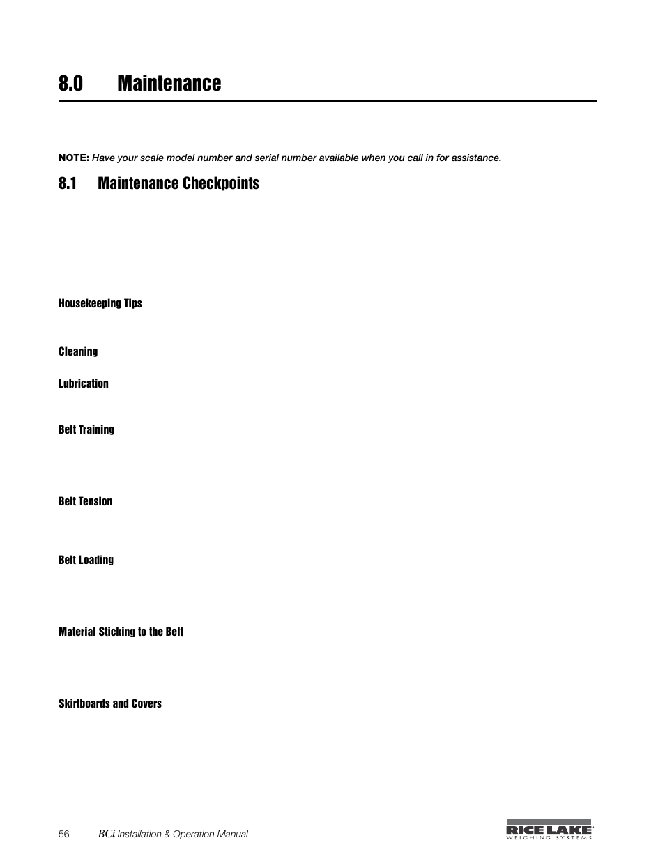 0 maintenance, 1 maintenance checkpoints, Housekeeping tips | Maintenance | Rice Lake BCi Belt Scale - Installation & Operation Manual Version 2.00 User Manual | Page 62 / 74