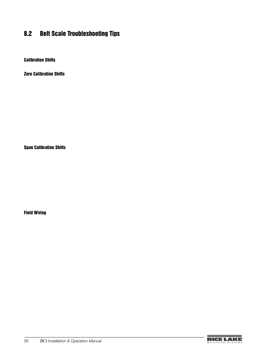 2 belt scale troubleshooting tips, Calibration shifts, Zero calibration shifts | Span calibration shifts, Field wiring | Rice Lake BCi Belt Scale - Installation & Operation Manual Version 2.00 User Manual | Page 64 / 74