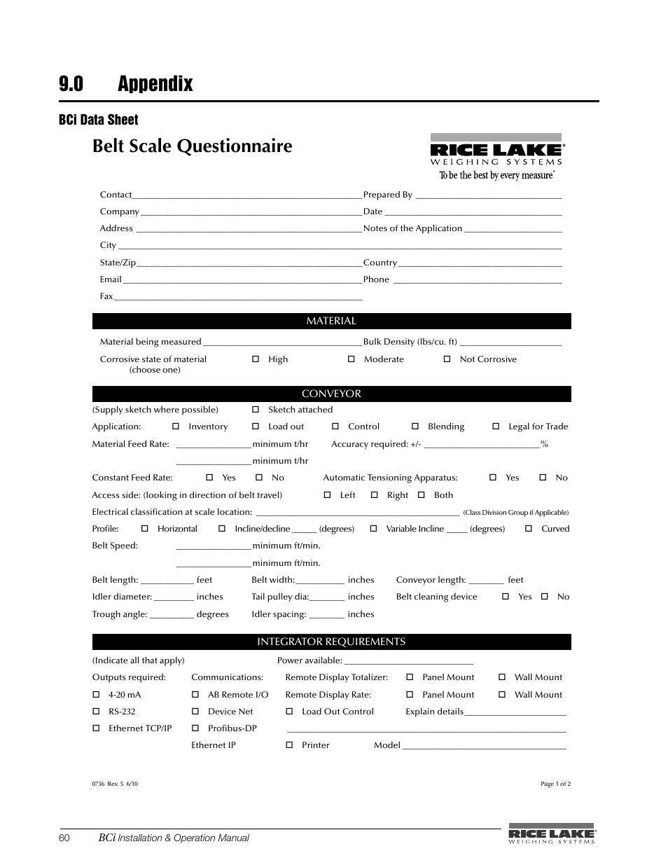 0 appendix, Appendix, Belt scale questionnaire | Bci data sheet | Rice Lake BCi Belt Scale - Installation & Operation Manual Version 2.00 User Manual | Page 66 / 74