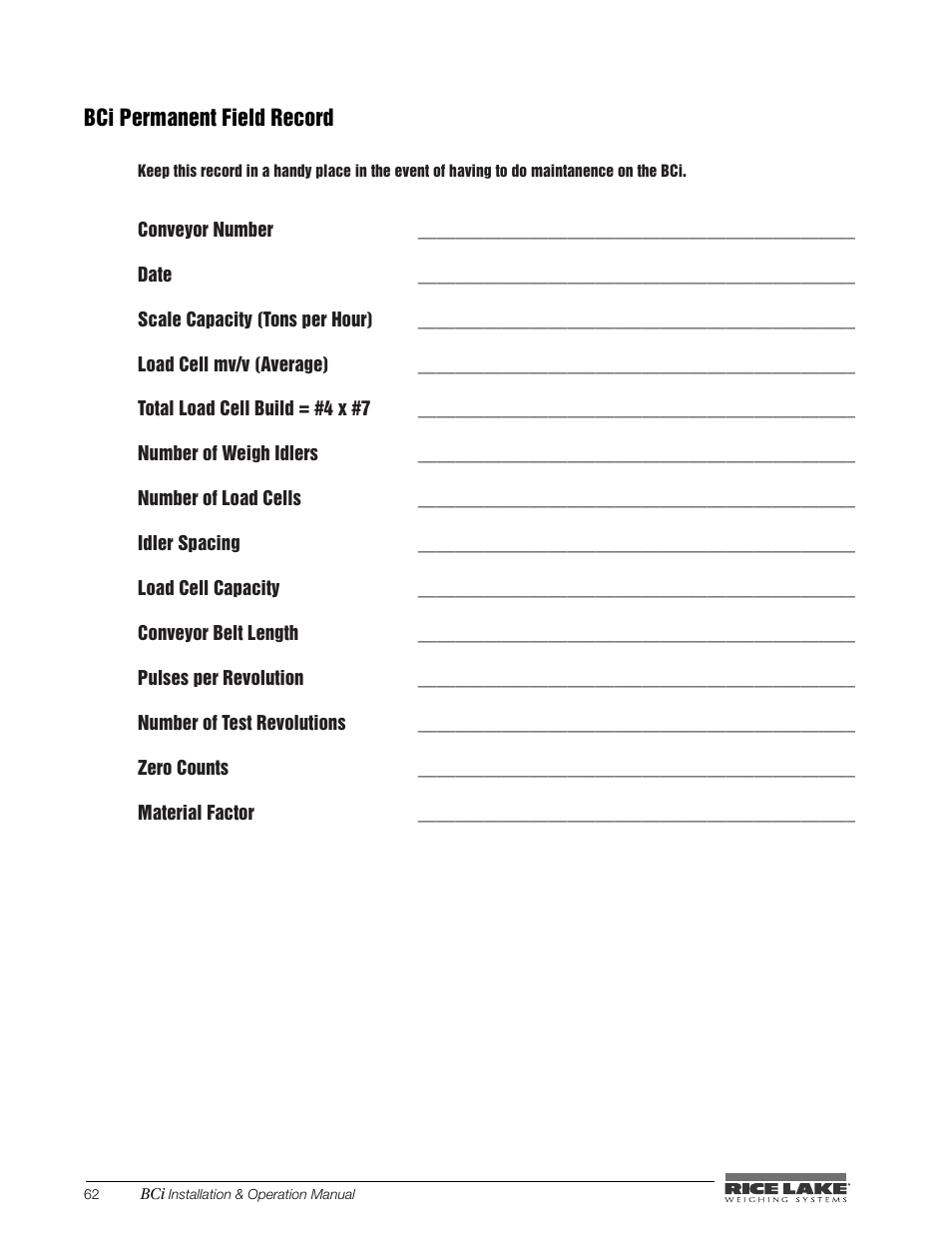 Bci permanent field record, 0 bci permanent field record | Rice Lake BCi Belt Scale - Installation & Operation Manual Version 2.00 User Manual | Page 68 / 74