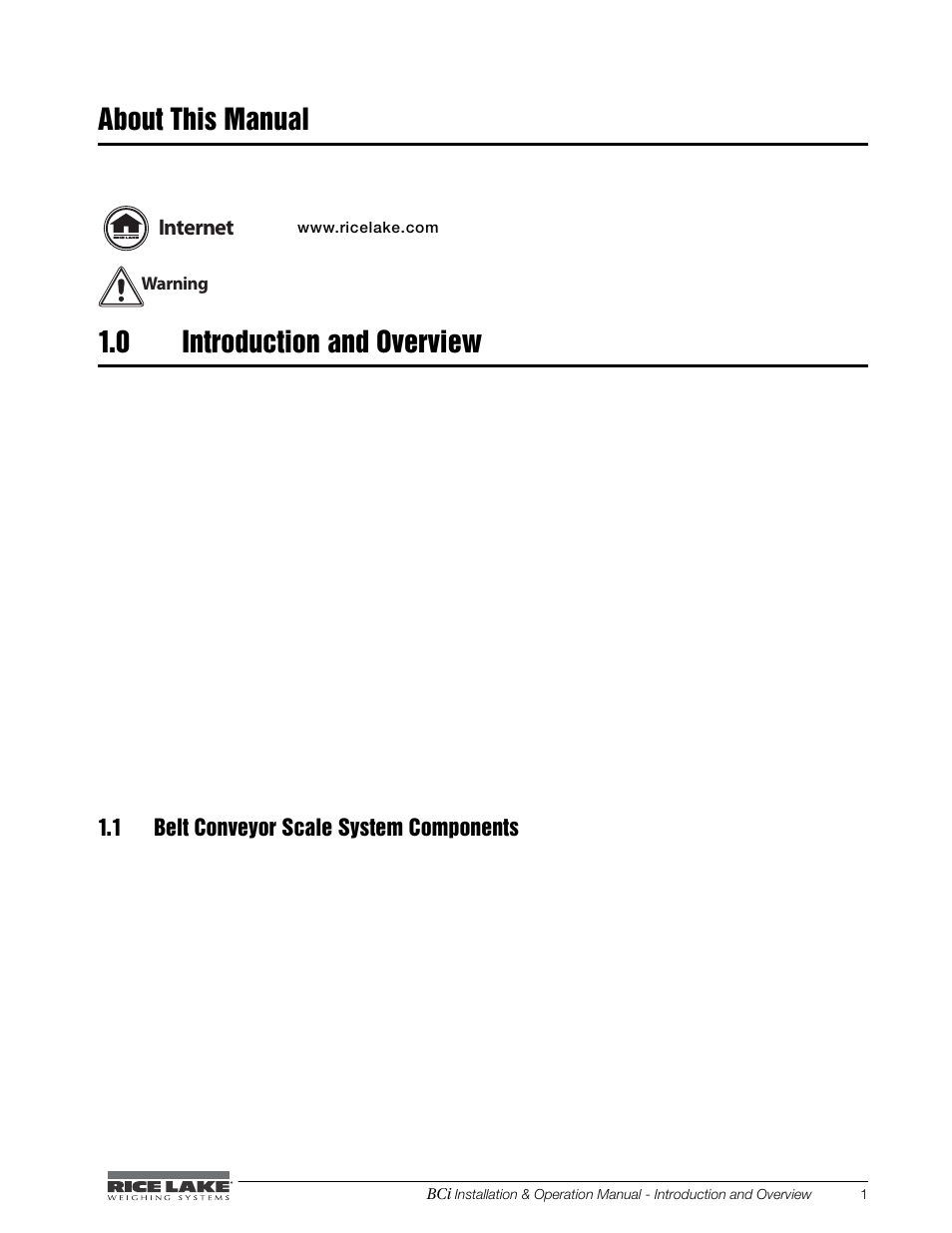 About this manual, 0 introduction and overview, 1 belt conveyor scale system components | Introduction and overview, Internet | Rice Lake BCi Belt Scale - Installation & Operation Manual Version 2.00 User Manual | Page 7 / 74