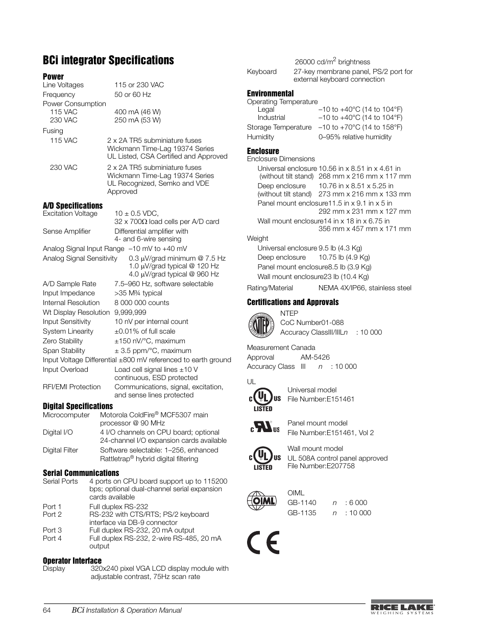 Bci integrator specifications, 0 bci integrator specifications | Rice Lake BCi Belt Scale - Installation & Operation Manual Version 2.00 User Manual | Page 70 / 74