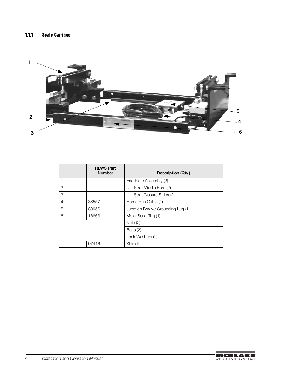 1 scale carriage, Scale carriage | Rice Lake BCi Belt Scale - Installation and Operation Manual Version 2.03 User Manual | Page 10 / 74