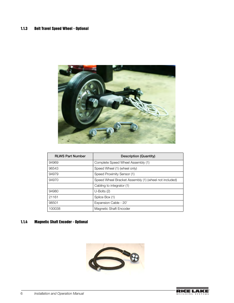 3 belt travel speed wheel - optional, 4 magnetic shaft encoder - optional, Belt travel speed wheel - optional | Magnetic shaft encoder - optional | Rice Lake BCi Belt Scale - Installation and Operation Manual Version 2.03 User Manual | Page 12 / 74