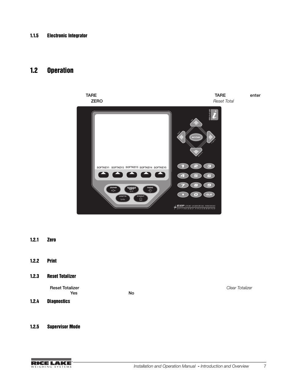 5 electronic integrator, 2 operation, 1 zero | 2 print, 3 reset totalizer, 4 diagnostics, 5 supervisor mode, Electronic integrator, Zero, Print | Rice Lake BCi Belt Scale - Installation and Operation Manual Version 2.03 User Manual | Page 13 / 74