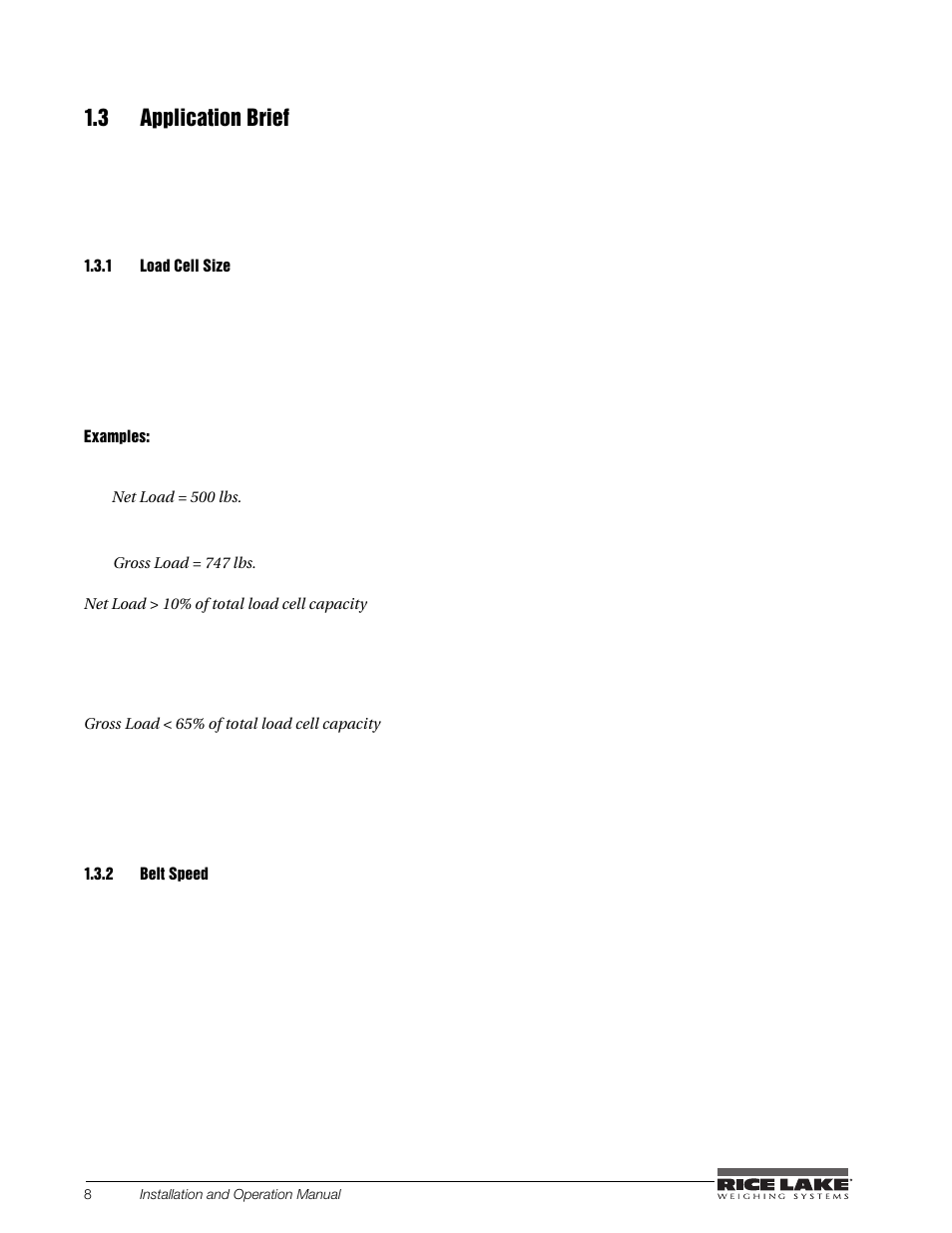 3 application brief, 1 load cell size, 2 belt speed | Load cell size, Belt speed | Rice Lake BCi Belt Scale - Installation and Operation Manual Version 2.03 User Manual | Page 14 / 74