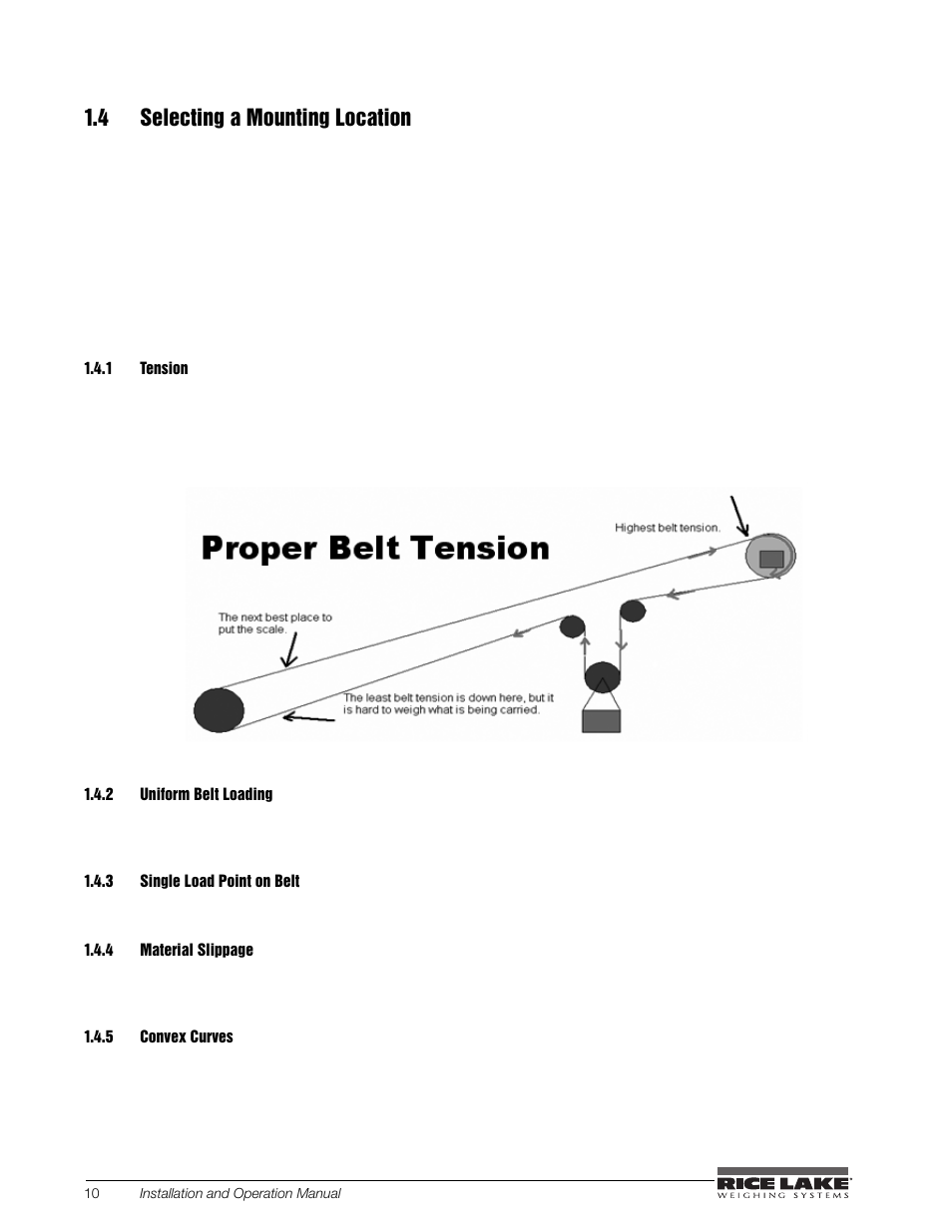 4 selecting a mounting location, 1 tension, 2 uniform belt loading | 3 single load point on belt, 5 convex curves, Tension, Uniform belt loading, Single load point on belt, Convex curves | Rice Lake BCi Belt Scale - Installation and Operation Manual Version 2.03 User Manual | Page 16 / 74