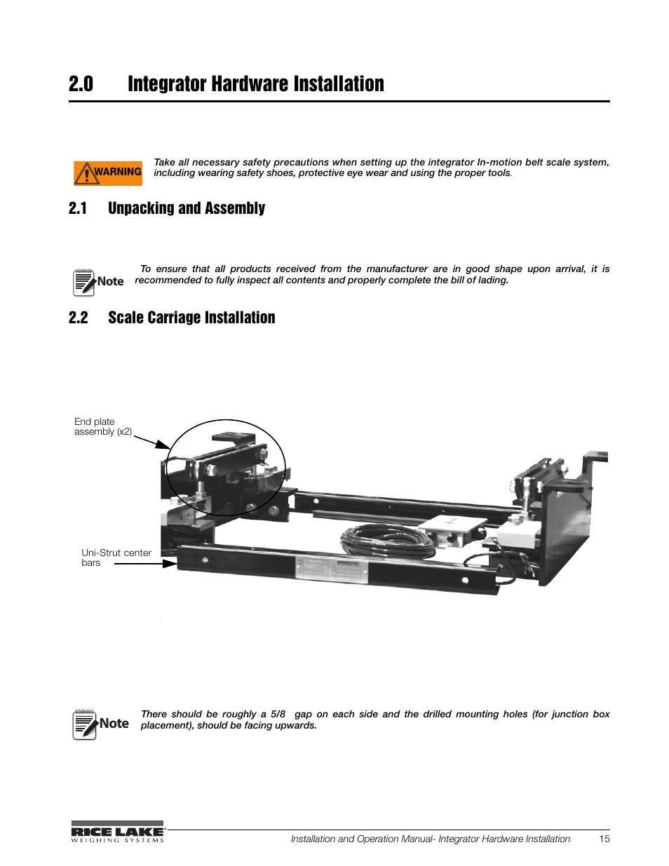 0 integrator hardware installation, 1 unpacking and assembly, 2 scale carriage installation | Integrator hardware installation | Rice Lake BCi Belt Scale - Installation and Operation Manual Version 2.03 User Manual | Page 21 / 74