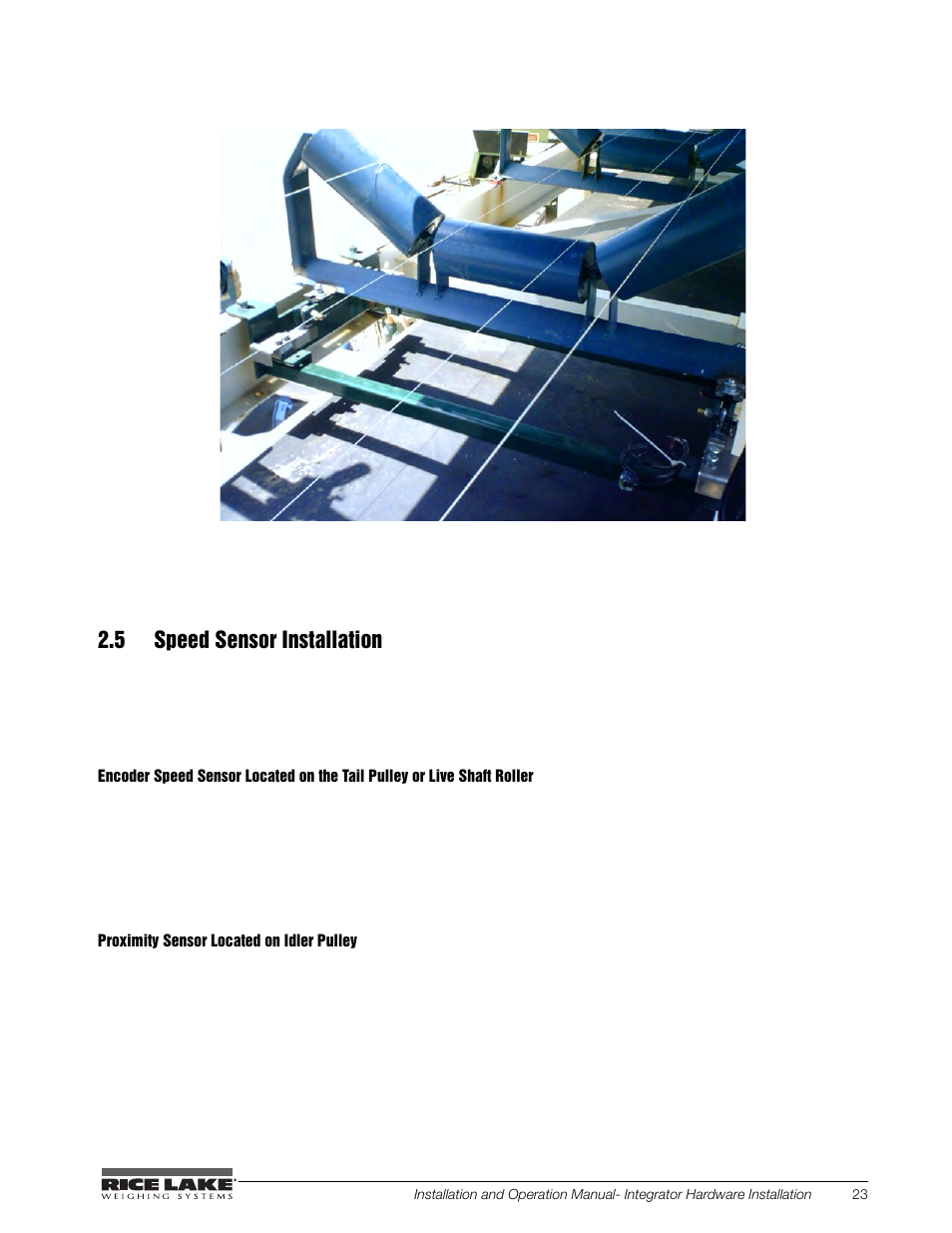 5 speed sensor installation, Proximity sensor located on idler pulley | Rice Lake BCi Belt Scale - Installation and Operation Manual Version 2.03 User Manual | Page 29 / 74