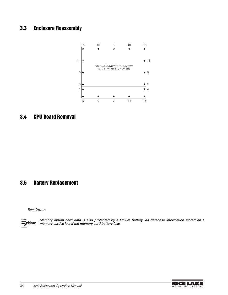 3 enclosure reassembly, 4 cpu board removal, 5 battery replacement | Rice Lake BCi Belt Scale - Installation and Operation Manual Version 2.03 User Manual | Page 40 / 74