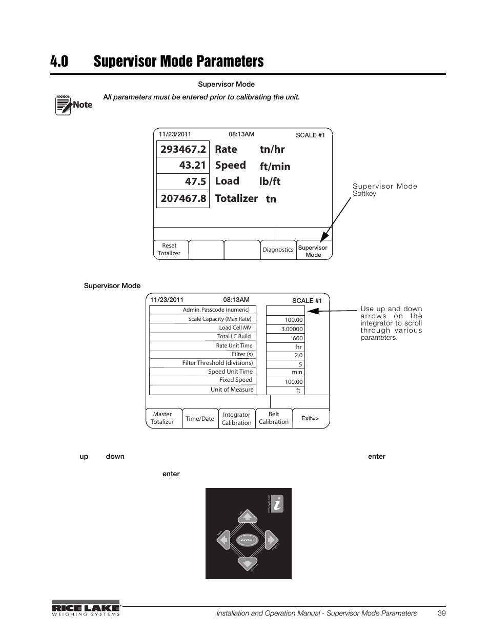 0 supervisor mode parameters, Supervisor mode parameters, Rate | Rice Lake BCi Belt Scale - Installation and Operation Manual Version 2.03 User Manual | Page 45 / 74