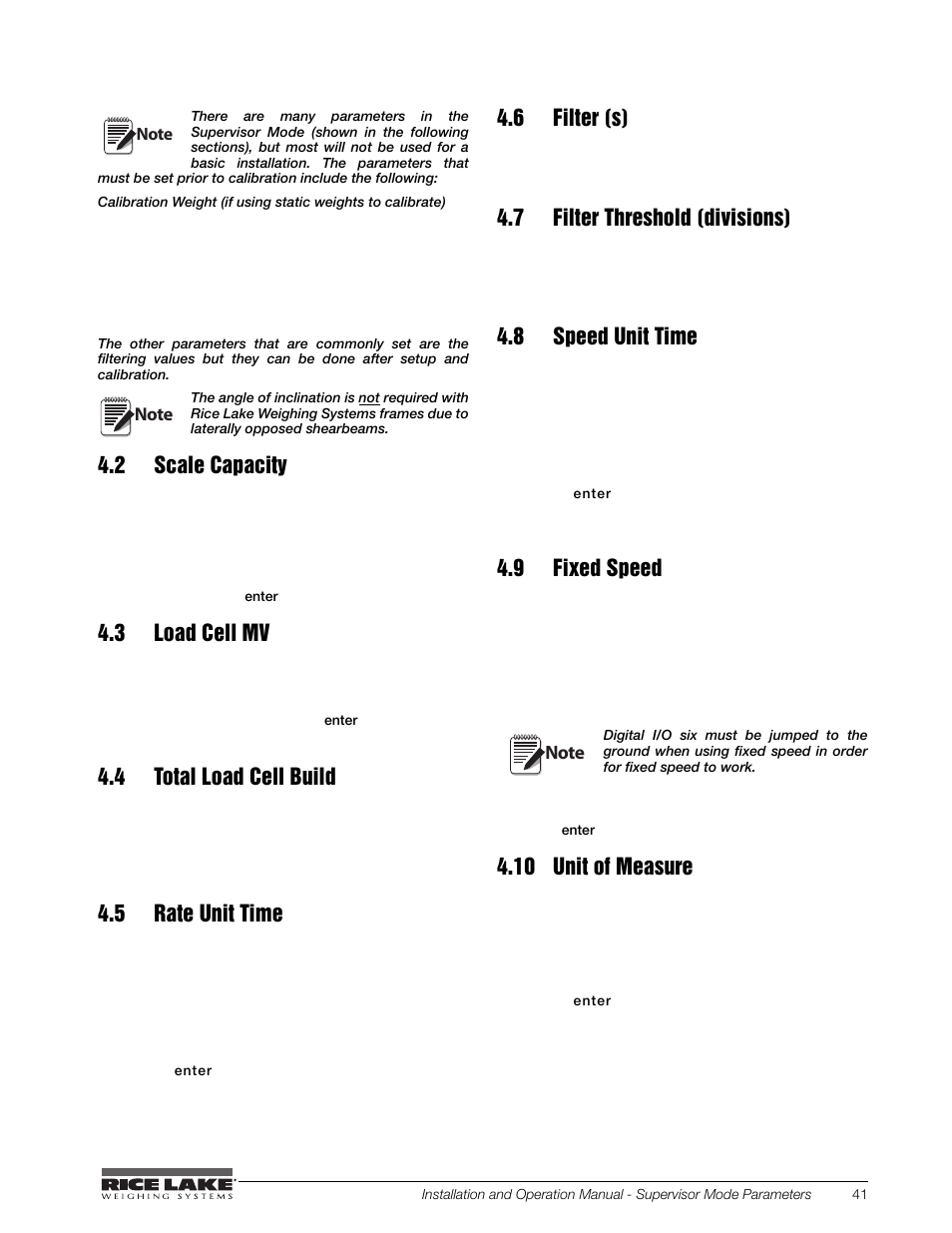 2 scale capacity, 3 load cell mv, 4 total load cell build | 5 rate unit time, 6 filter (s), 7 filter threshold (divisions), 8 speed unit time, 9 fixed speed, 10 unit of measure | Rice Lake BCi Belt Scale - Installation and Operation Manual Version 2.03 User Manual | Page 47 / 74