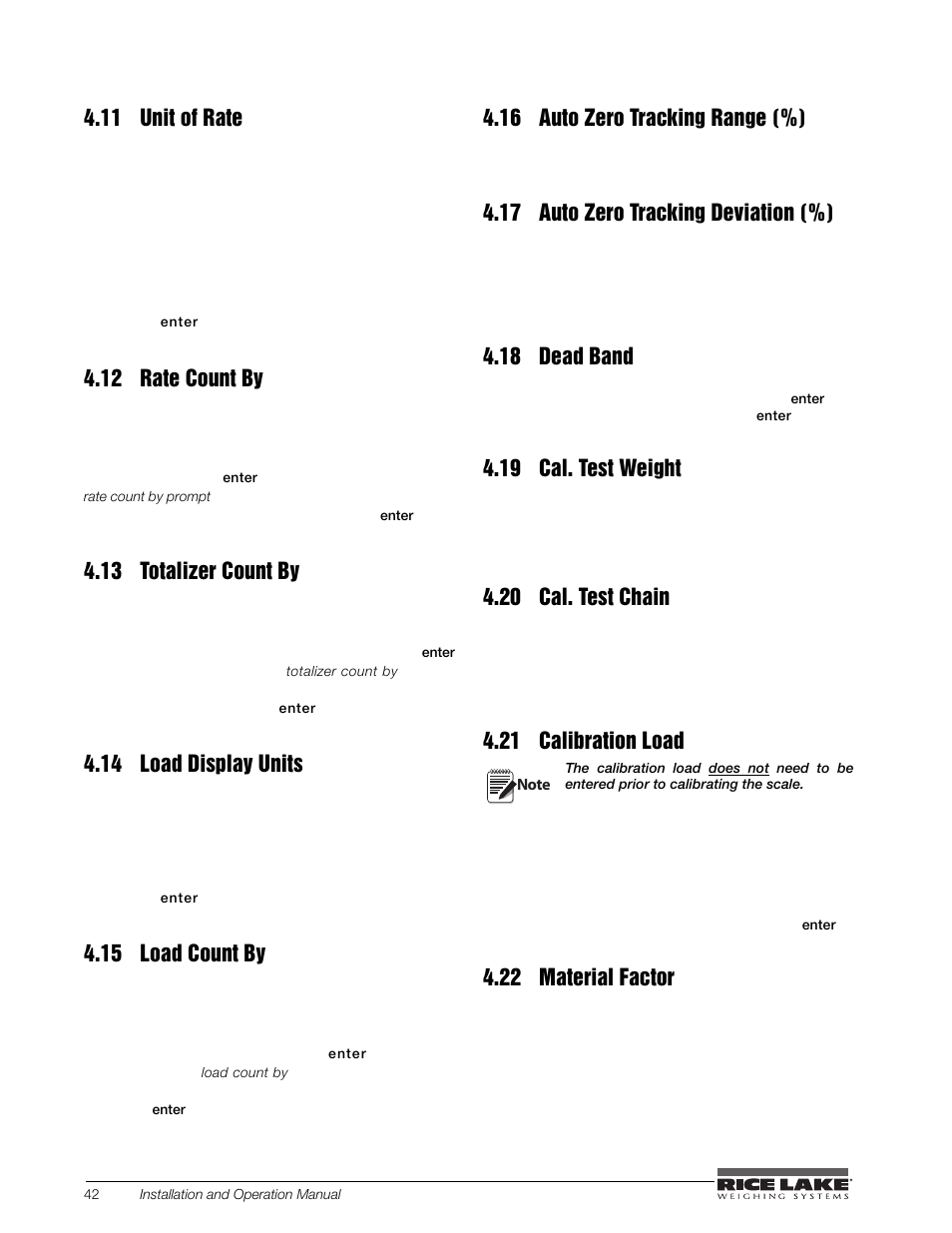 11 unit of rate, 12 rate count by, 13 totalizer count by | 14 load display units, 15 load count by, 16 auto zero tracking range (%), 17 auto zero tracking deviation (%), 18 dead band, 19 cal. test weight, 20 cal. test chain | Rice Lake BCi Belt Scale - Installation and Operation Manual Version 2.03 User Manual | Page 48 / 74