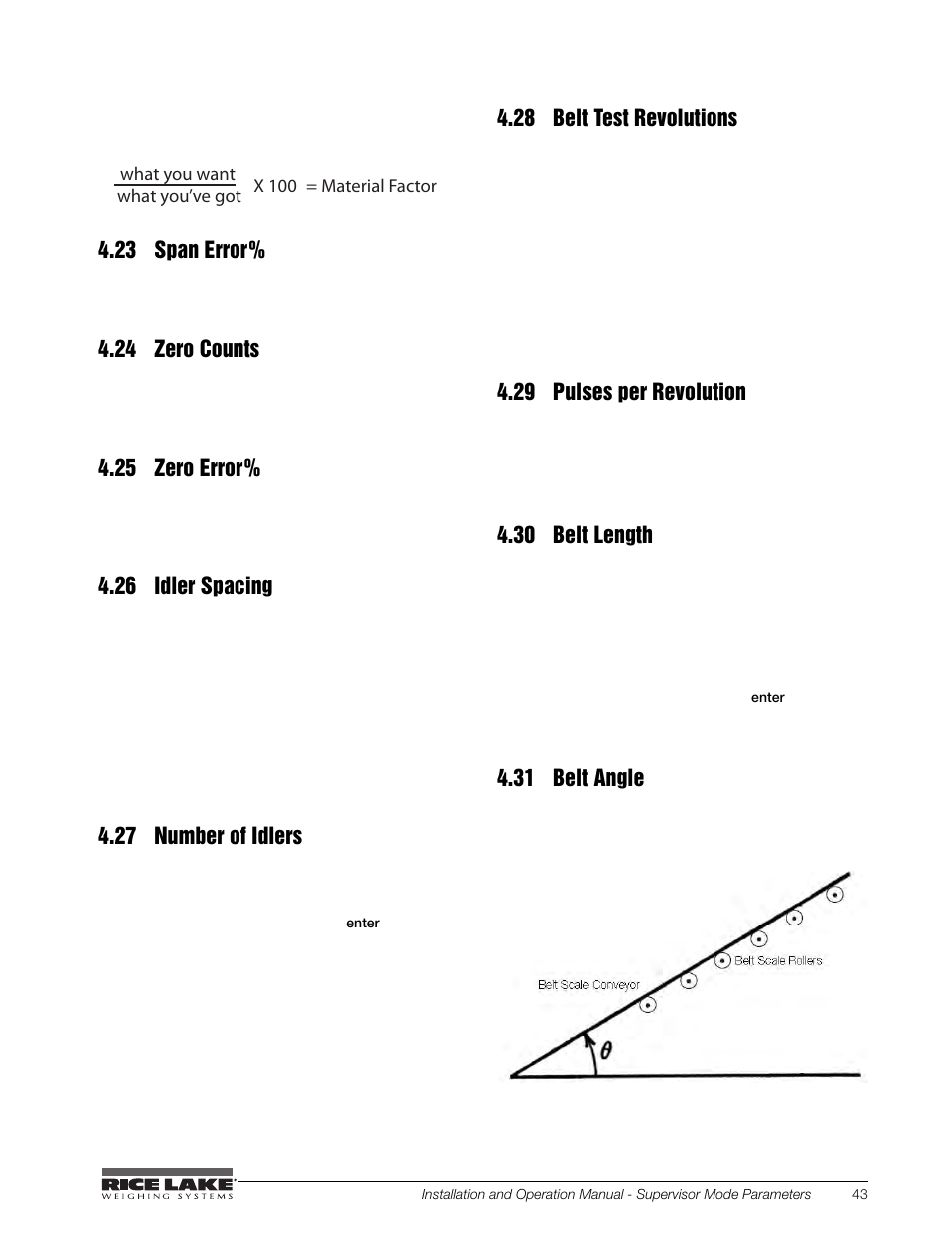 23 span error, 24 zero counts, 25 zero error | 26 idler spacing, 27 number of idlers, 28 belt test revolutions, 29 pulses per revolution, 30 belt length, 31 belt angle | Rice Lake BCi Belt Scale - Installation and Operation Manual Version 2.03 User Manual | Page 49 / 74