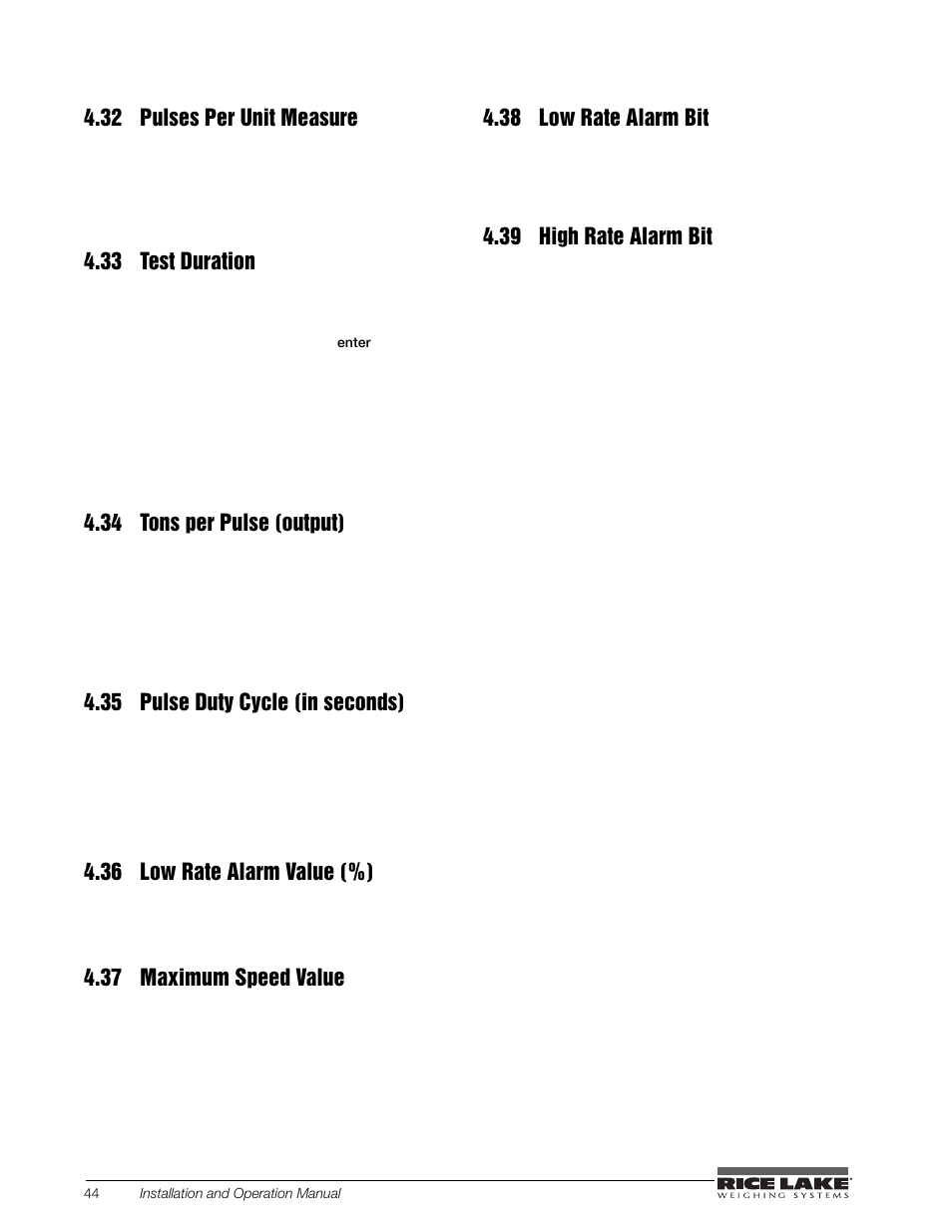 32 pulses per unit measure, 33 test duration, 34 tons per pulse (output) | 35 pulse duty cycle (in seconds), 36 low rate alarm value (%), 37 maximum speed value, 38 low rate alarm bit, 39 high rate alarm bit | Rice Lake BCi Belt Scale - Installation and Operation Manual Version 2.03 User Manual | Page 50 / 74