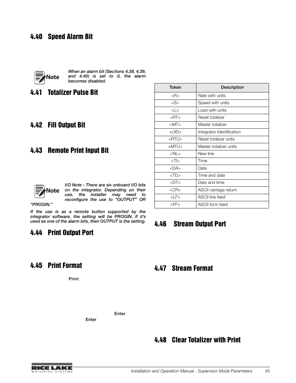 40 speed alarm bit, 41 totalizer pulse bit, 42 fill output bit | 43 remote print input bit, 44 print output port, 45 print format, 46 stream output port, 47 stream format, 48 clear totalizer with print, 40 speed alarm bit 4.41 totalizer pulse bit | Rice Lake BCi Belt Scale - Installation and Operation Manual Version 2.03 User Manual | Page 51 / 74