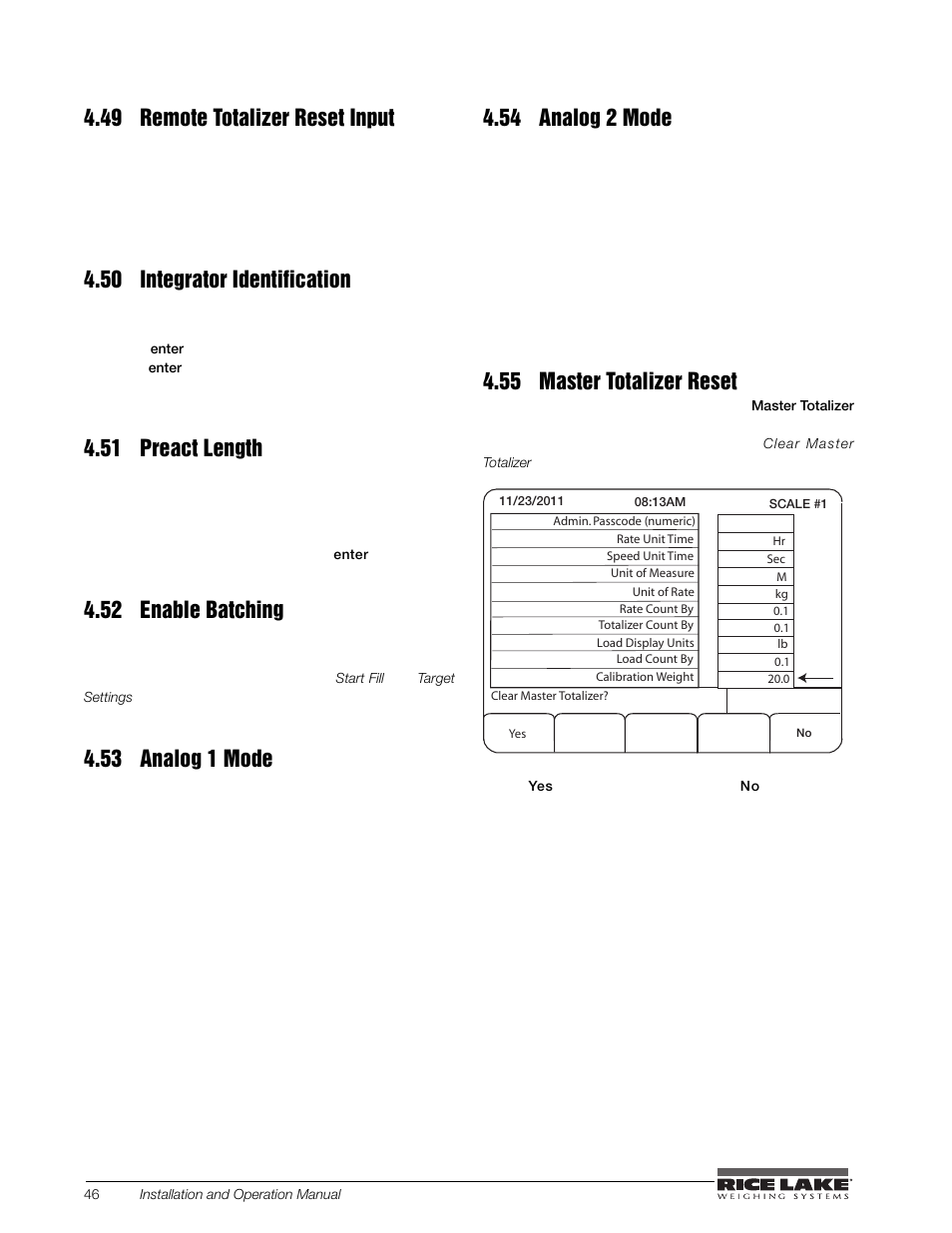 49 remote totalizer reset input, 50 integrator identification, 51 preact length | 52 enable batching, 53 analog 1 mode, 54 analog 2 mode, 55 master totalizer reset | Rice Lake BCi Belt Scale - Installation and Operation Manual Version 2.03 User Manual | Page 52 / 74