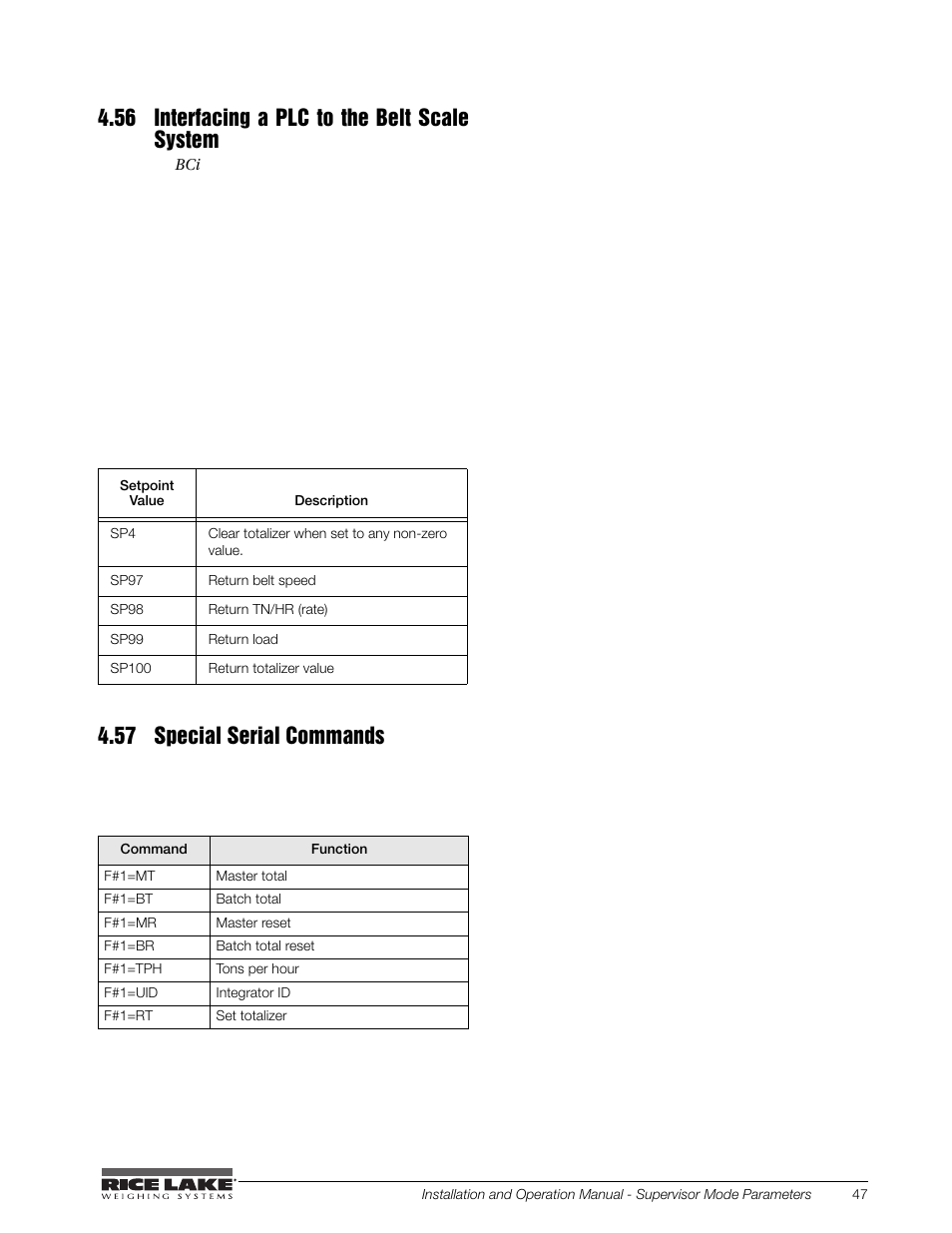 56 interfacing a plc to the belt scale system, 57 special serial commands | Rice Lake BCi Belt Scale - Installation and Operation Manual Version 2.03 User Manual | Page 53 / 74
