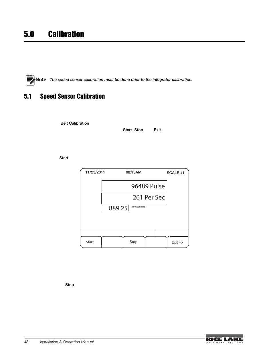0 calibration, 1 speed sensor calibration, Calibration | Rice Lake BCi Belt Scale - Installation and Operation Manual Version 2.03 User Manual | Page 54 / 74