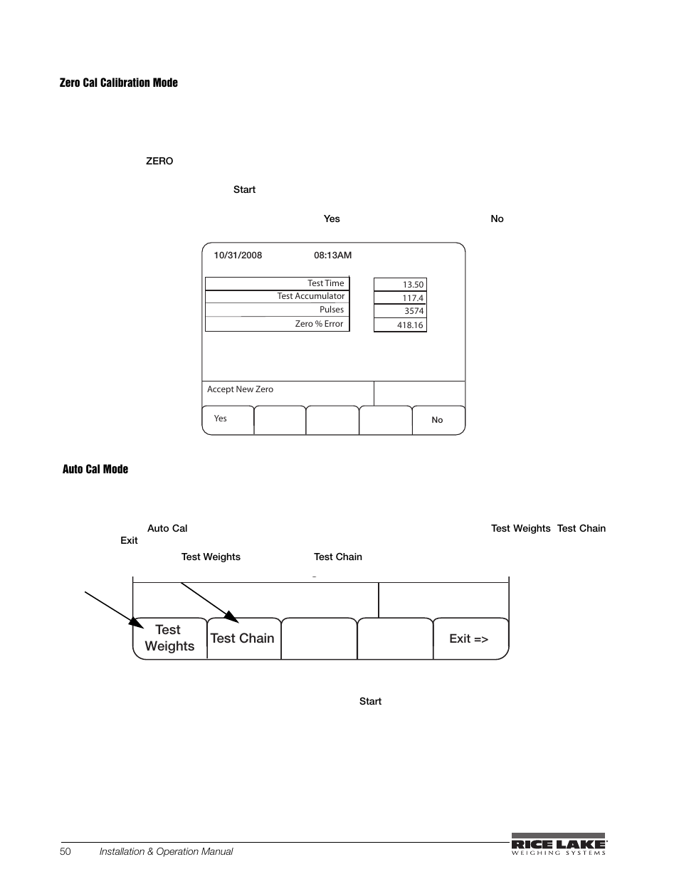 Auto cal mode | Rice Lake BCi Belt Scale - Installation and Operation Manual Version 2.03 User Manual | Page 56 / 74