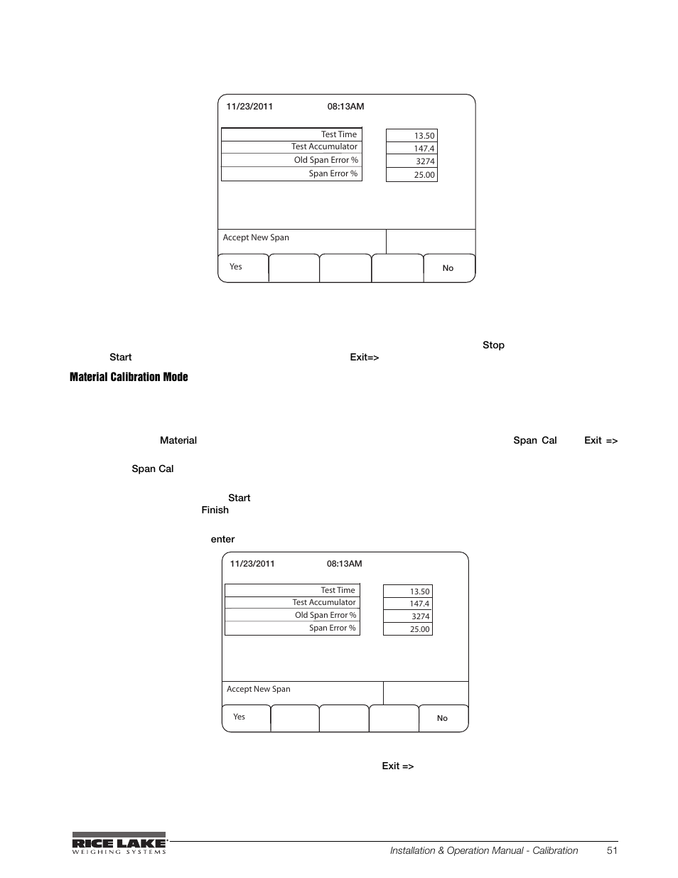 Material calibration mode | Rice Lake BCi Belt Scale - Installation and Operation Manual Version 2.03 User Manual | Page 57 / 74