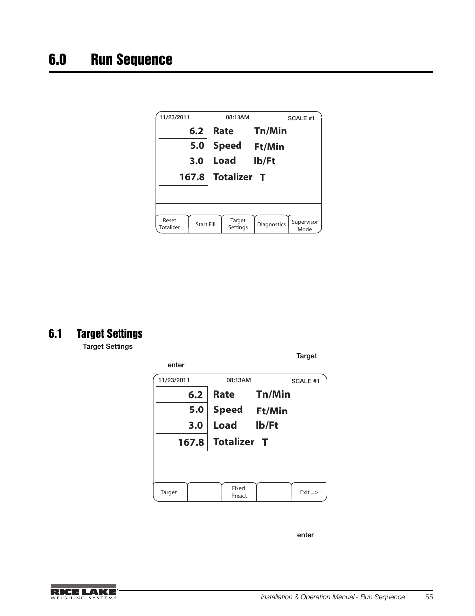 0 run sequence, 1 target settings, Run sequence | Rate | Rice Lake BCi Belt Scale - Installation and Operation Manual Version 2.03 User Manual | Page 61 / 74